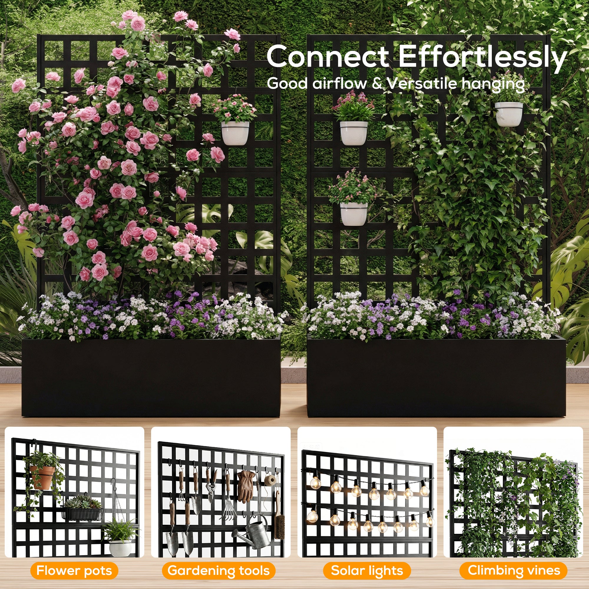 Black lattice panels with planters filled with flowers and greenery, labeled for gardening tools and solar lights.