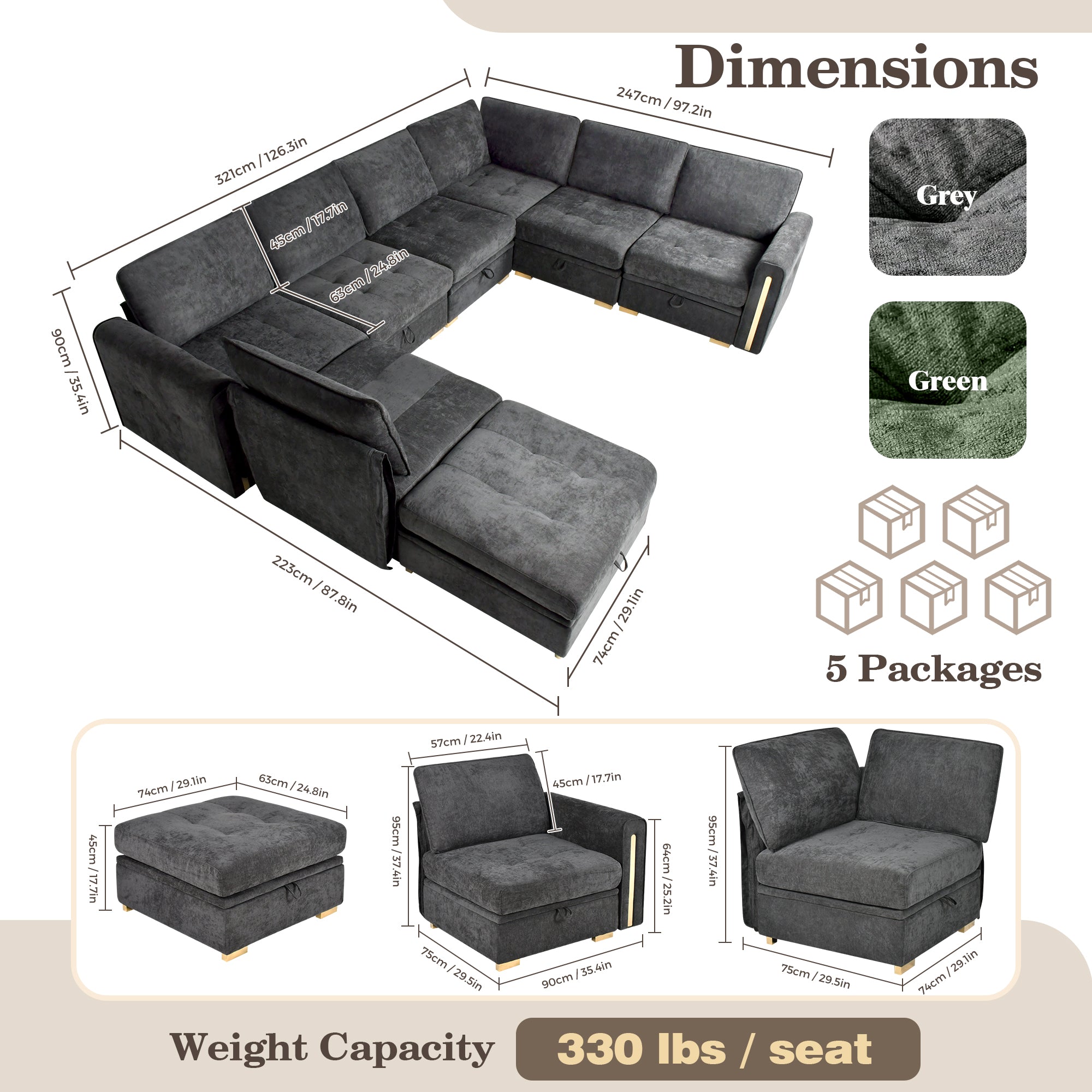 Advwin Oversized Modular Chenille Sofa with Storage