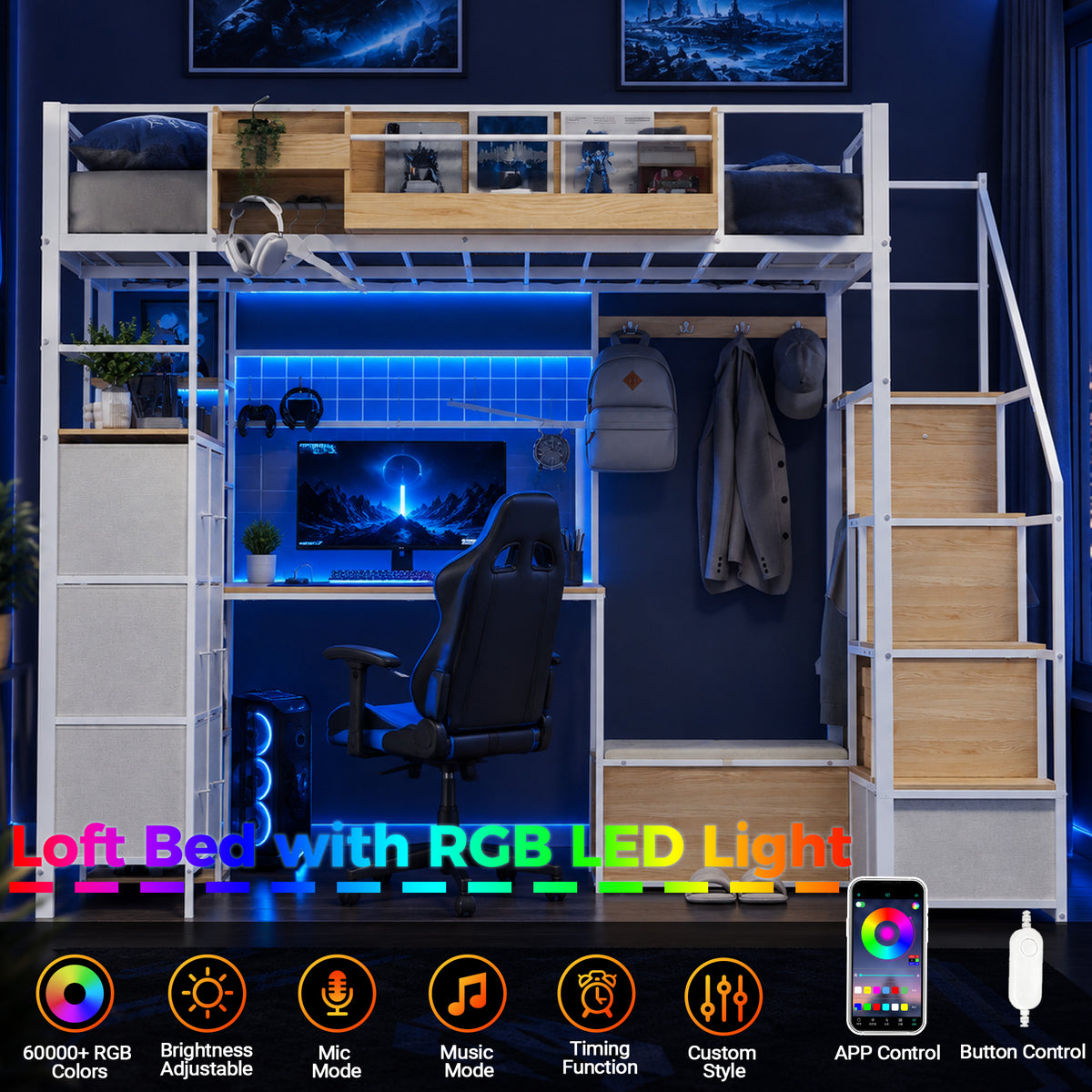 Advwin Loft Bed w/ Storage Stairs & 6-Drawer Dresser