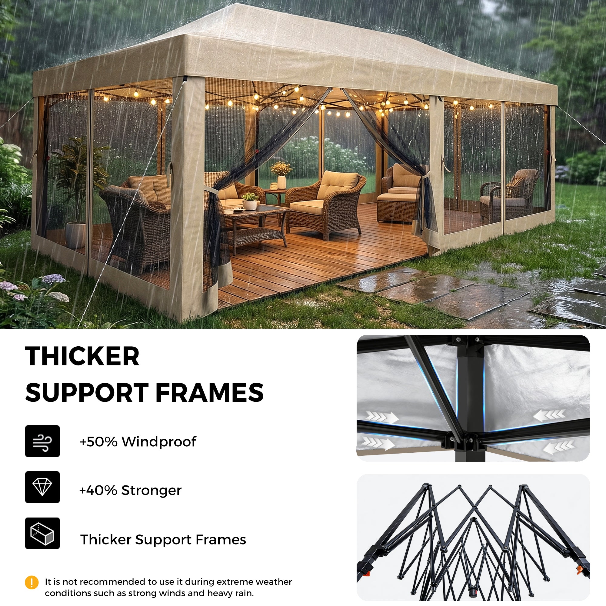 Garden gazebo with furniture under a rain cover, showing thicker support frames.