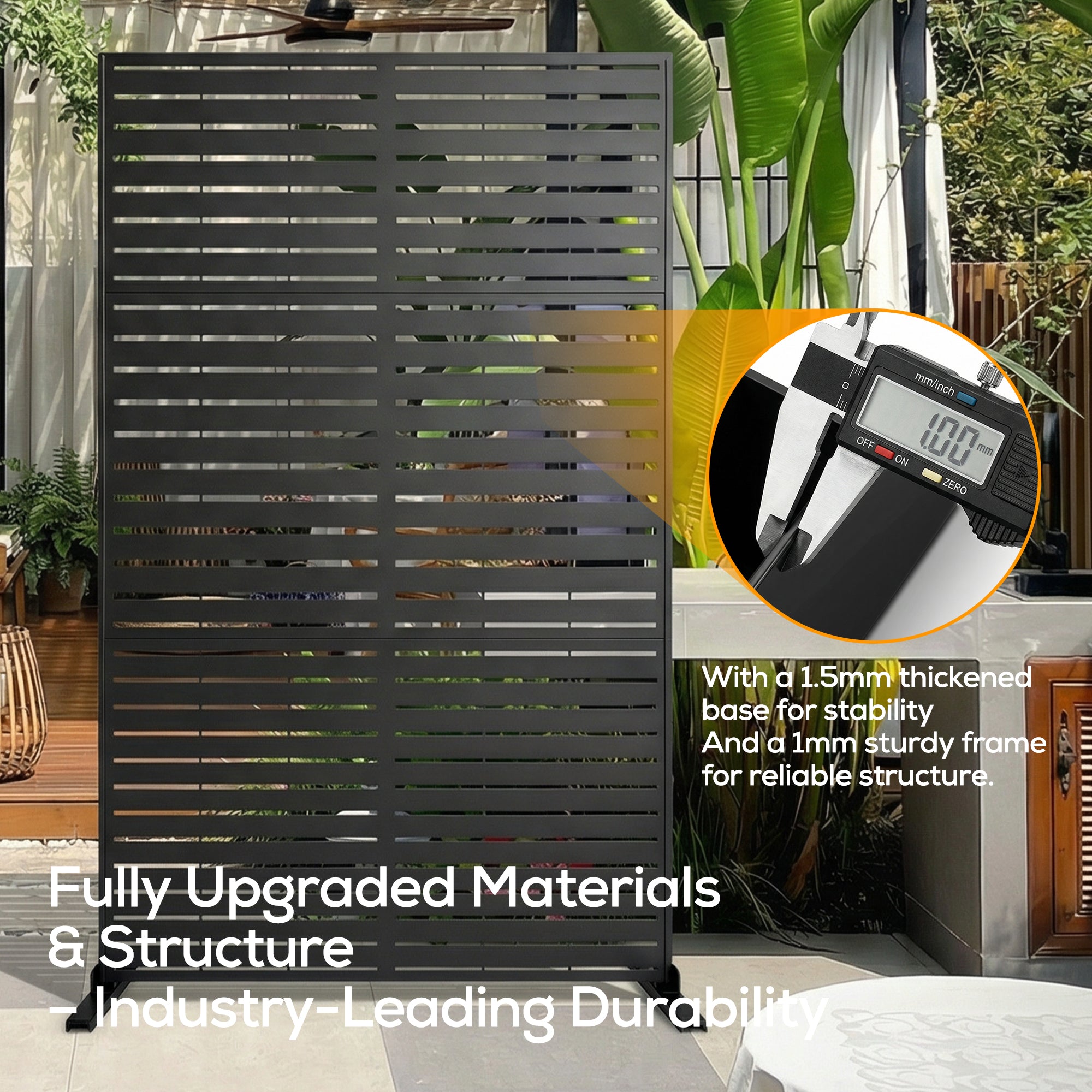 Black outdoor privacy screen with digital caliper inset and text about material thickness.