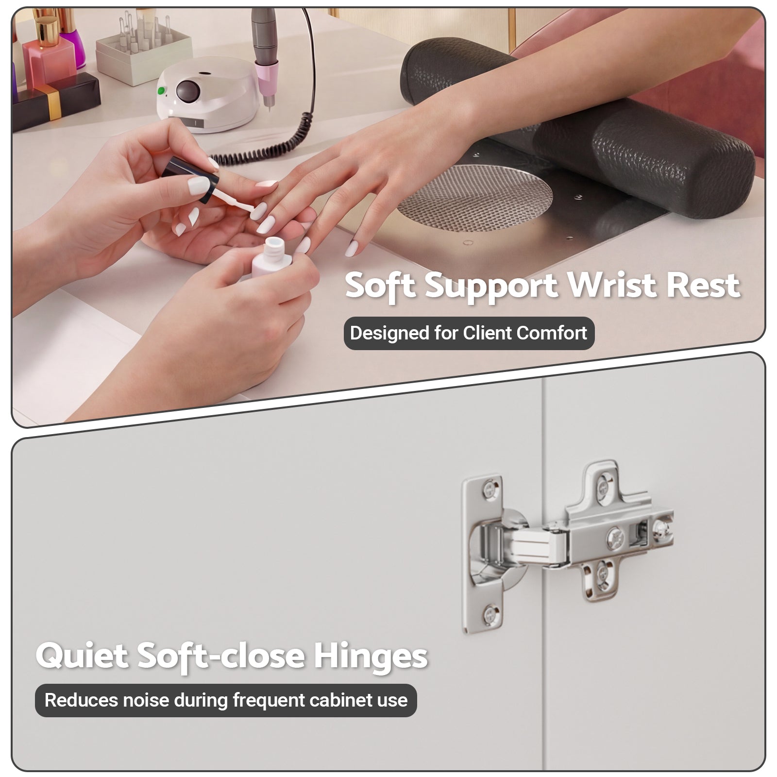 Nail polish application with a soft support wrist rest and cabinet hinge close-up.