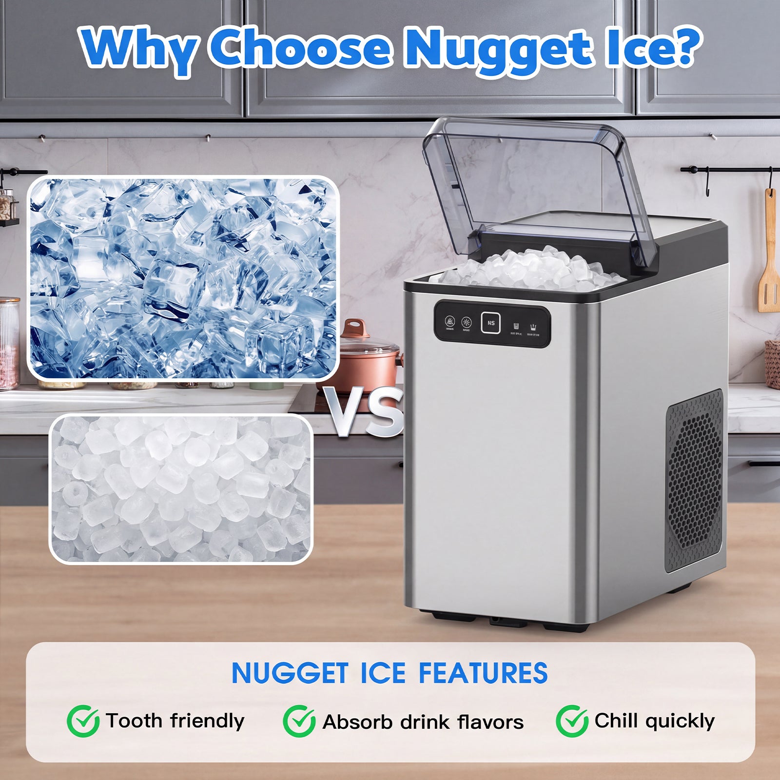 Nugget ice maker with images of ice cubes and text highlighting features in a kitchen setting.