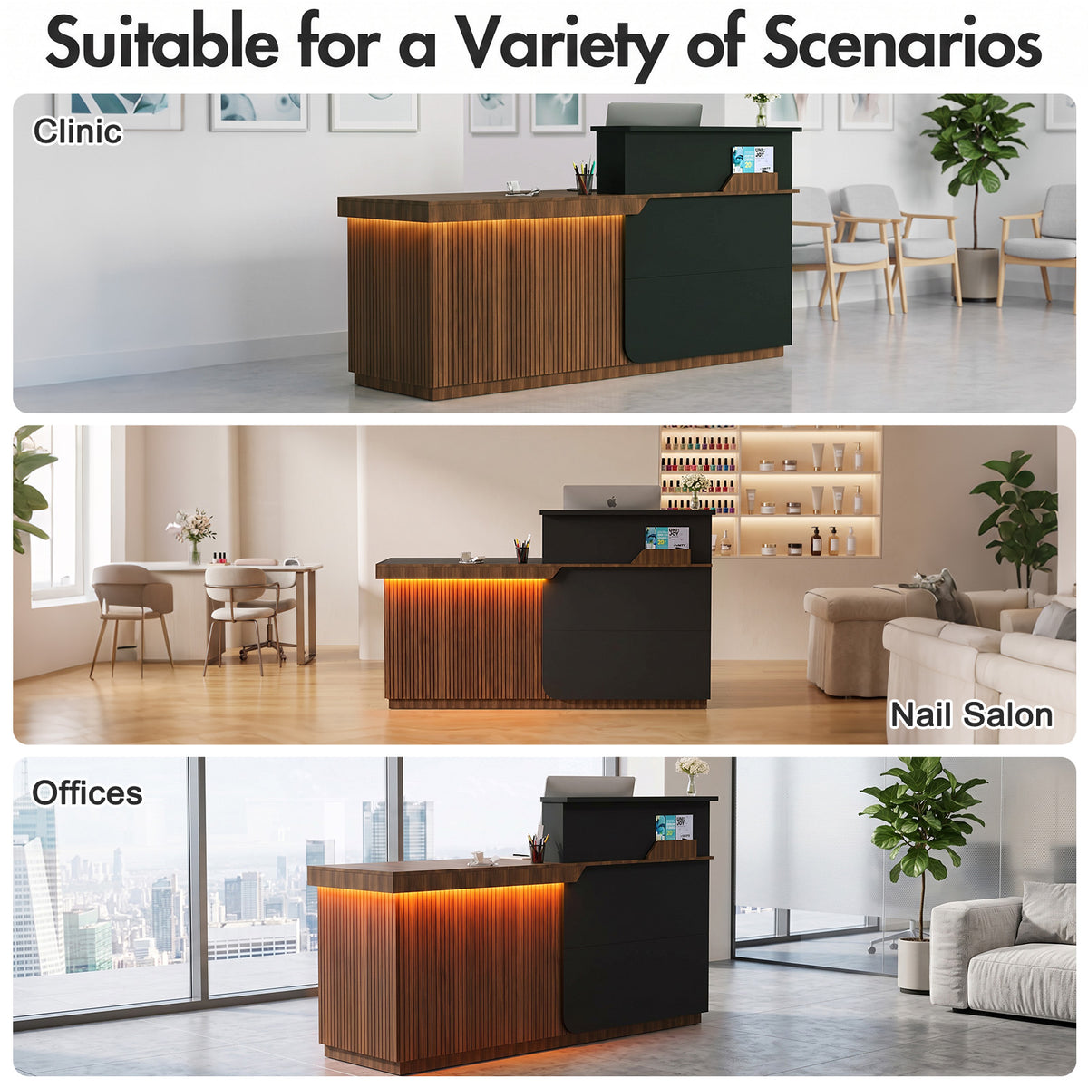 Advwin L-Shape Fluted Reception Desk w/ Counter & LED