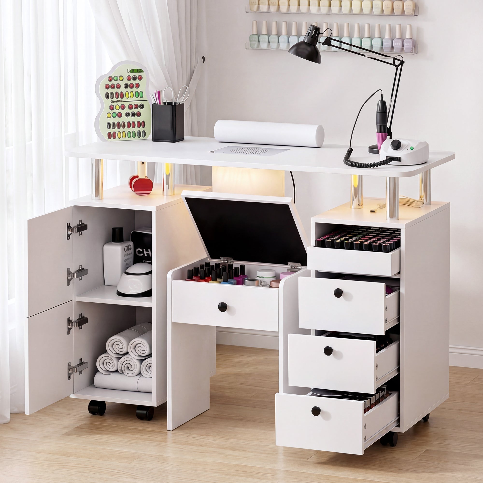 Advwin Nail Desk & Storage Stool Set for Nail Tech