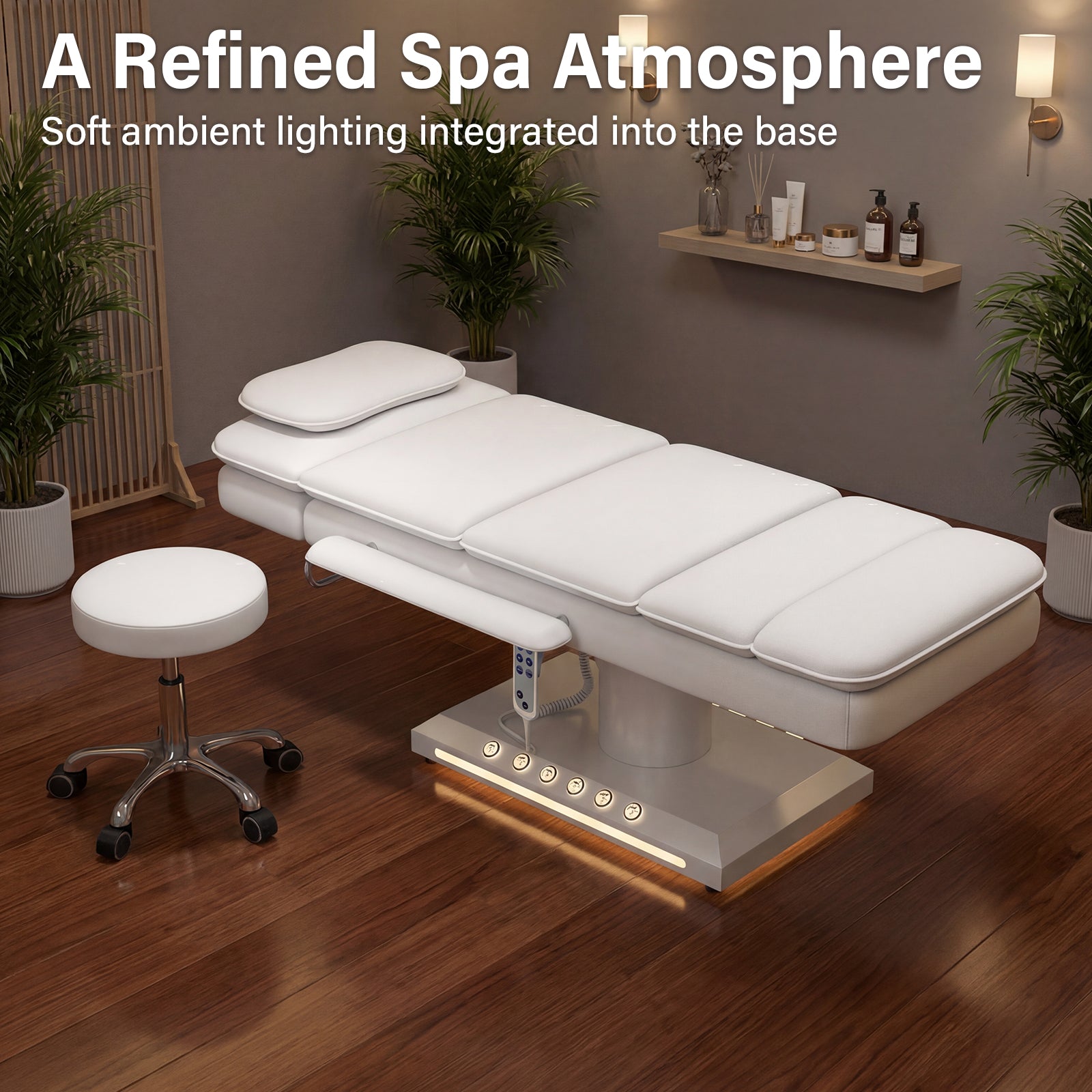 Massage table with soft ambient lighting in a spa setting