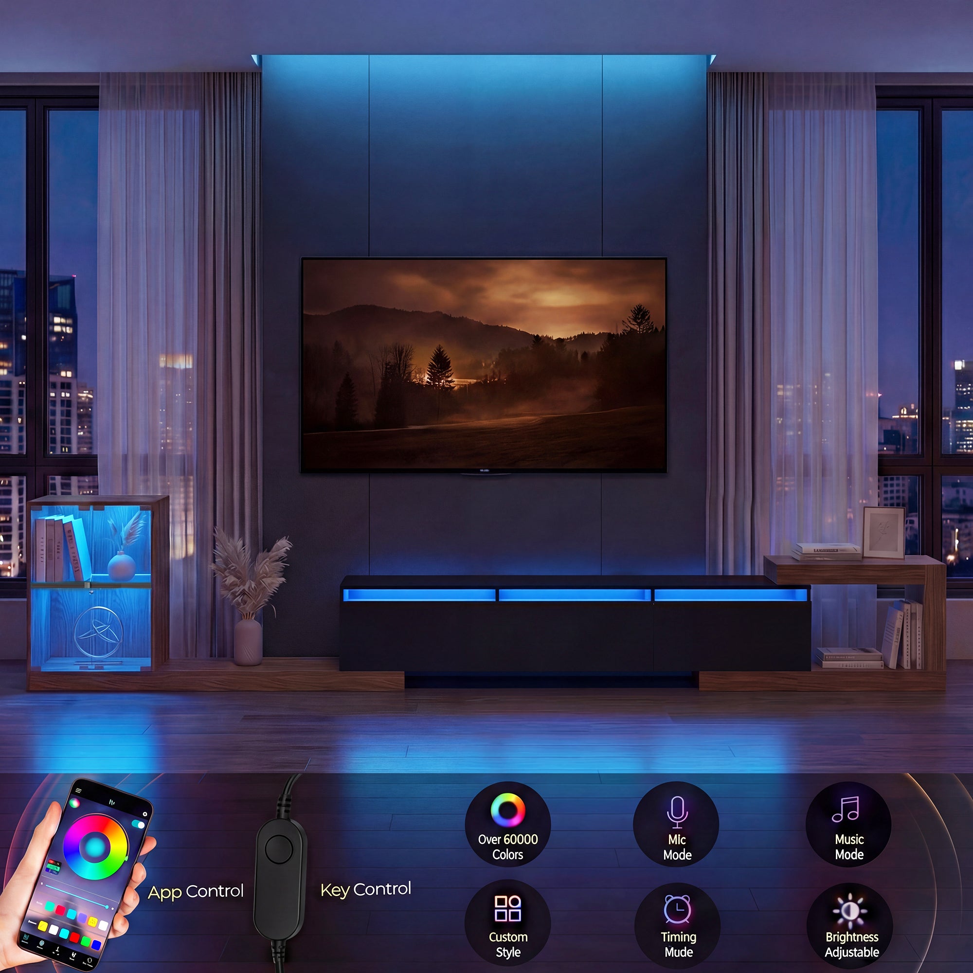 Smart TV in a modern living room with smartphone control interface.
