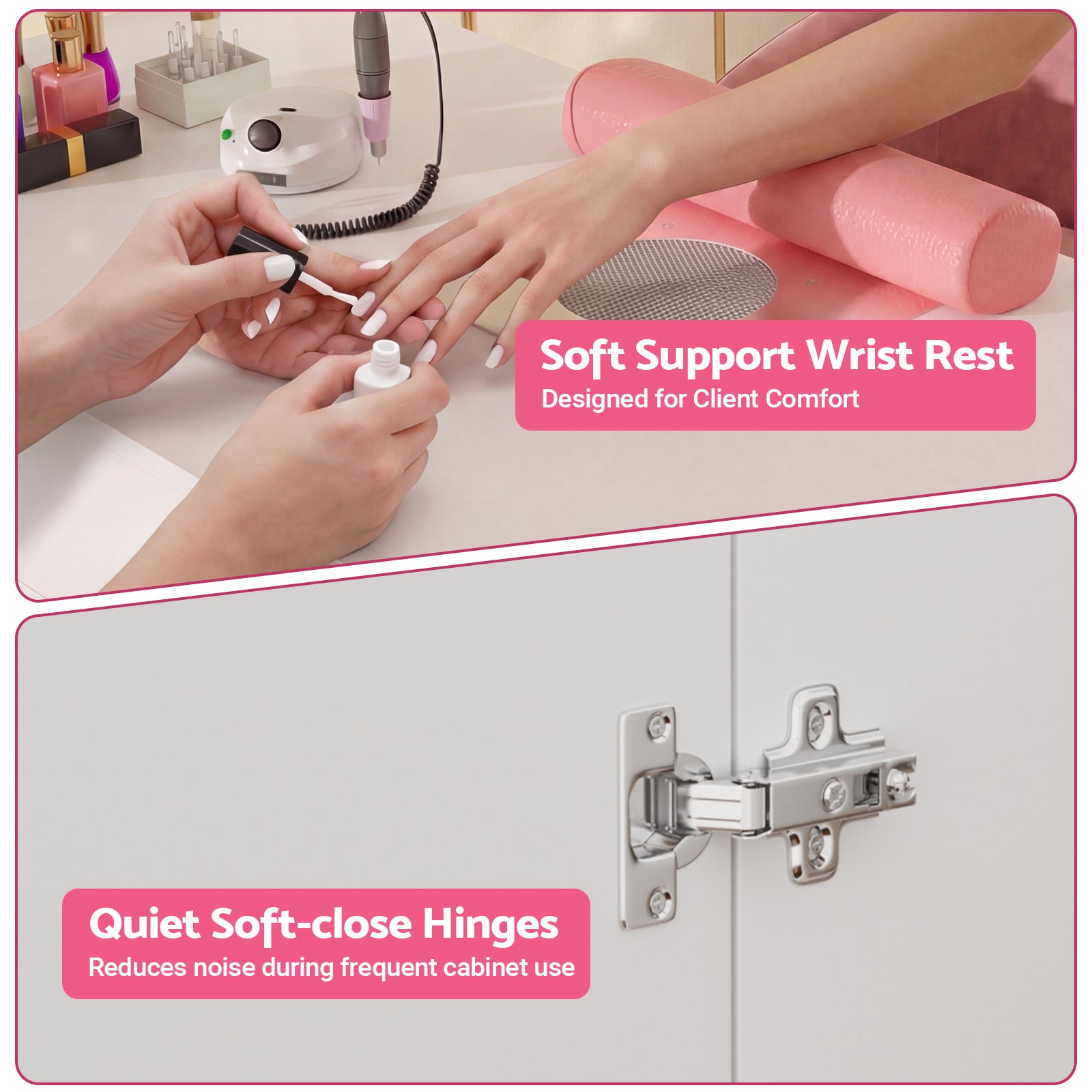 Nail salon setting with soft support wrist rest and quiet soft-close hinges on a cabinet.
