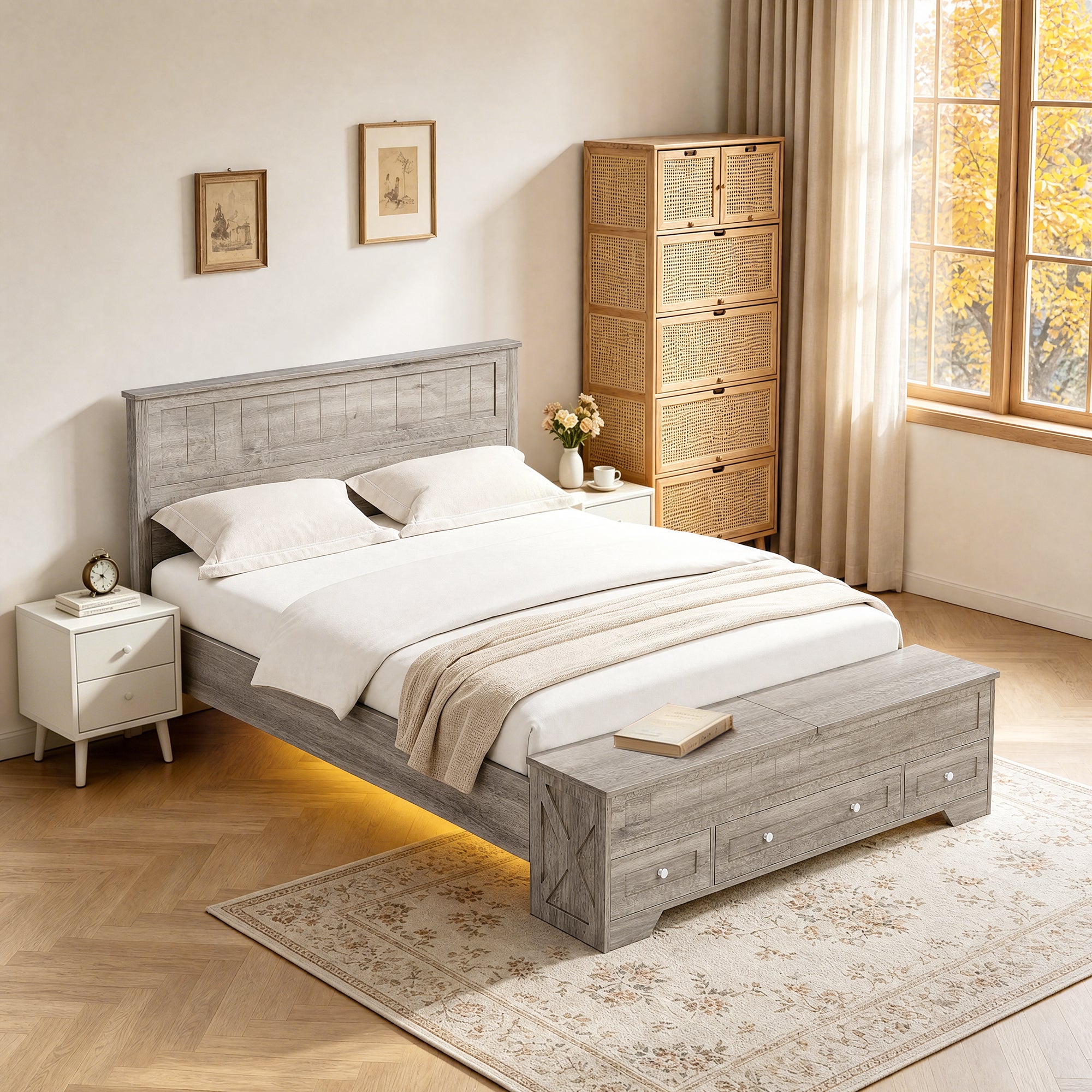 Advwin Queen Farmhouse Bed w/ Headboard & Storage Bench