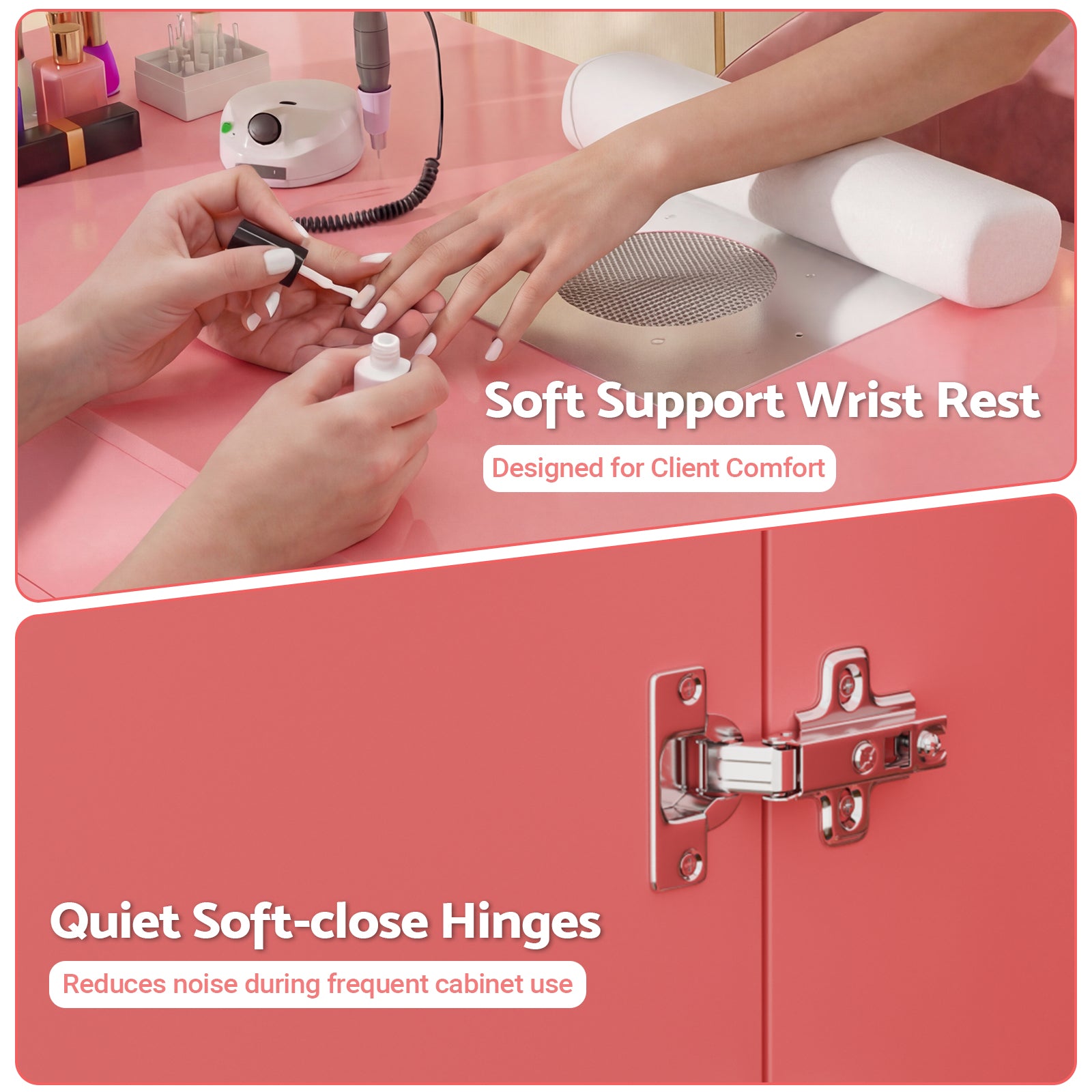 Nail salon setup with soft support wrist rest and quiet soft-close hinges on a pink background
