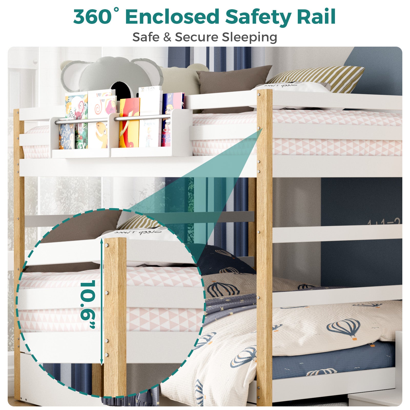 Bunk bed with 360° enclosed safety rail in a bedroom setting
