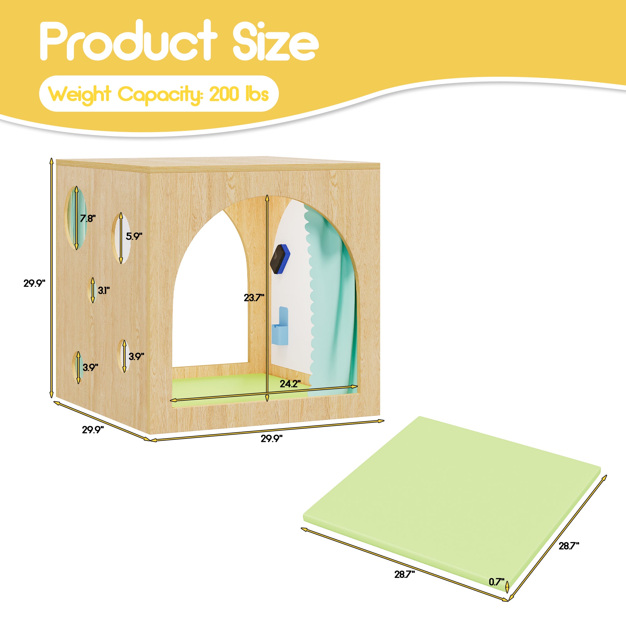 Wooden playhouse with measurements and a green mat on a white background