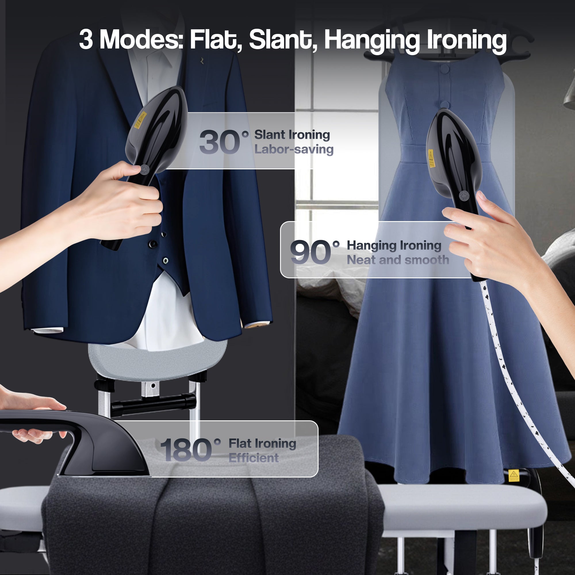 Ironing board with three modes of ironing displayed on a dark background