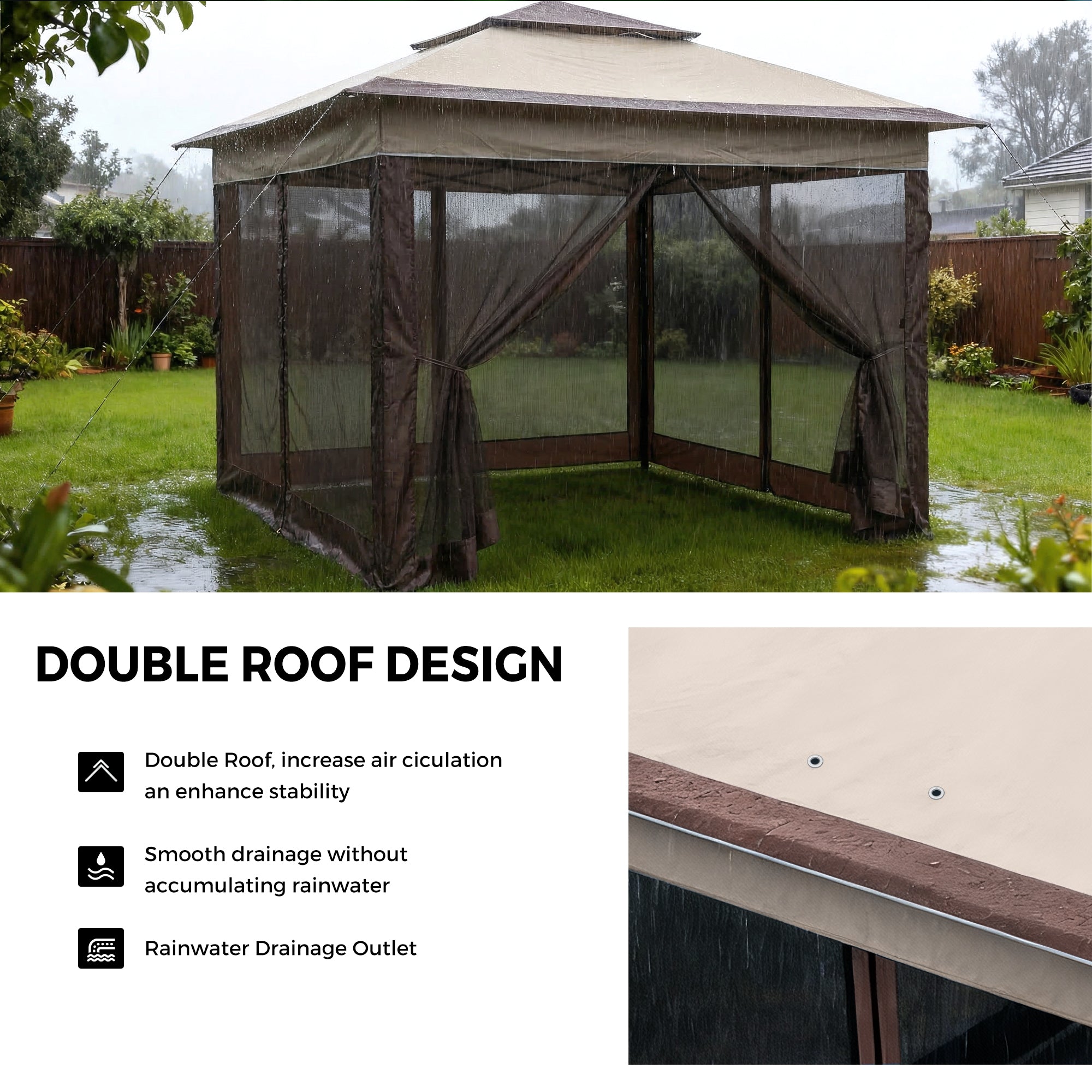 Garden gazebo with double roof design in a backyard setting