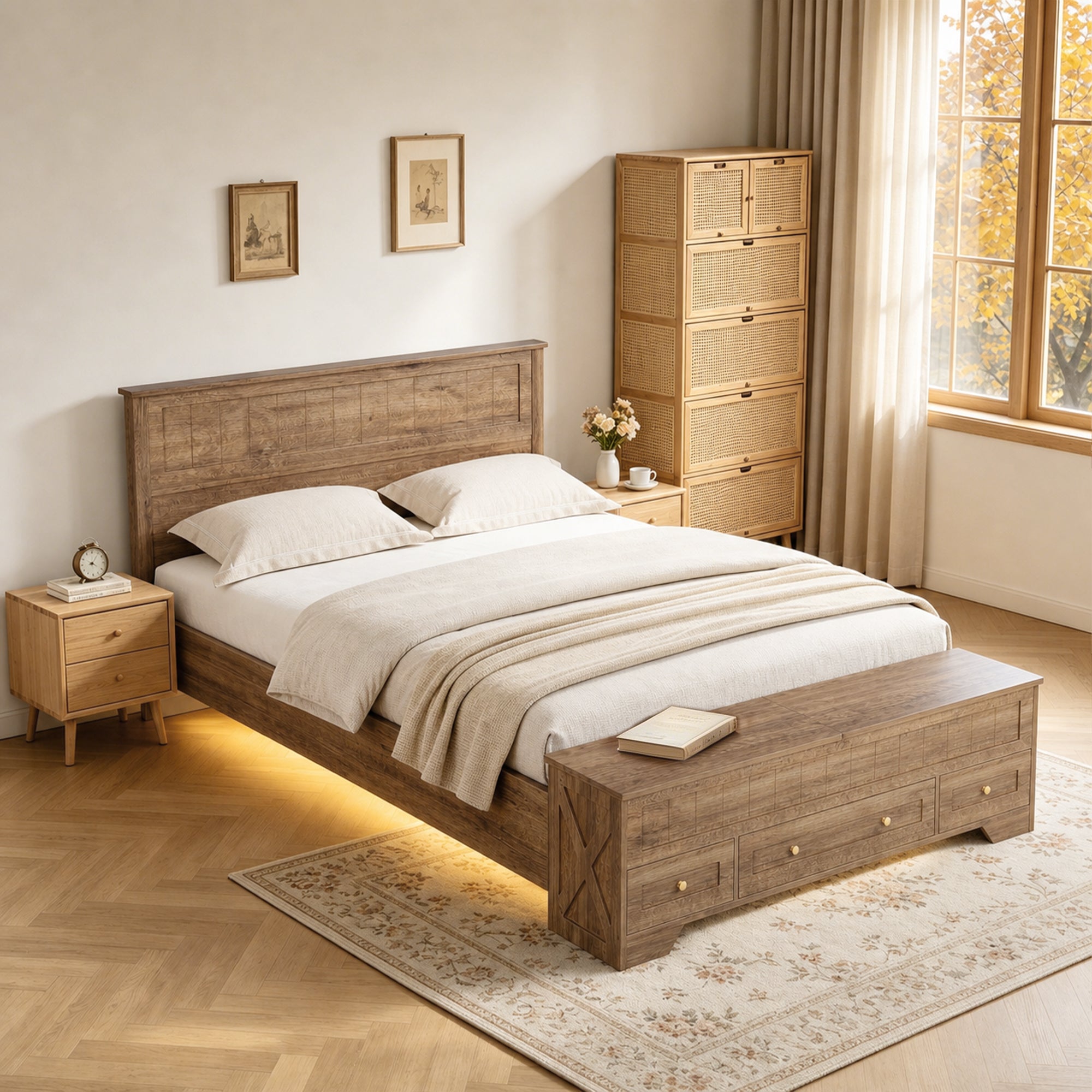 Advwin Queen Farmhouse Bed w/ Headboard & Storage Bench