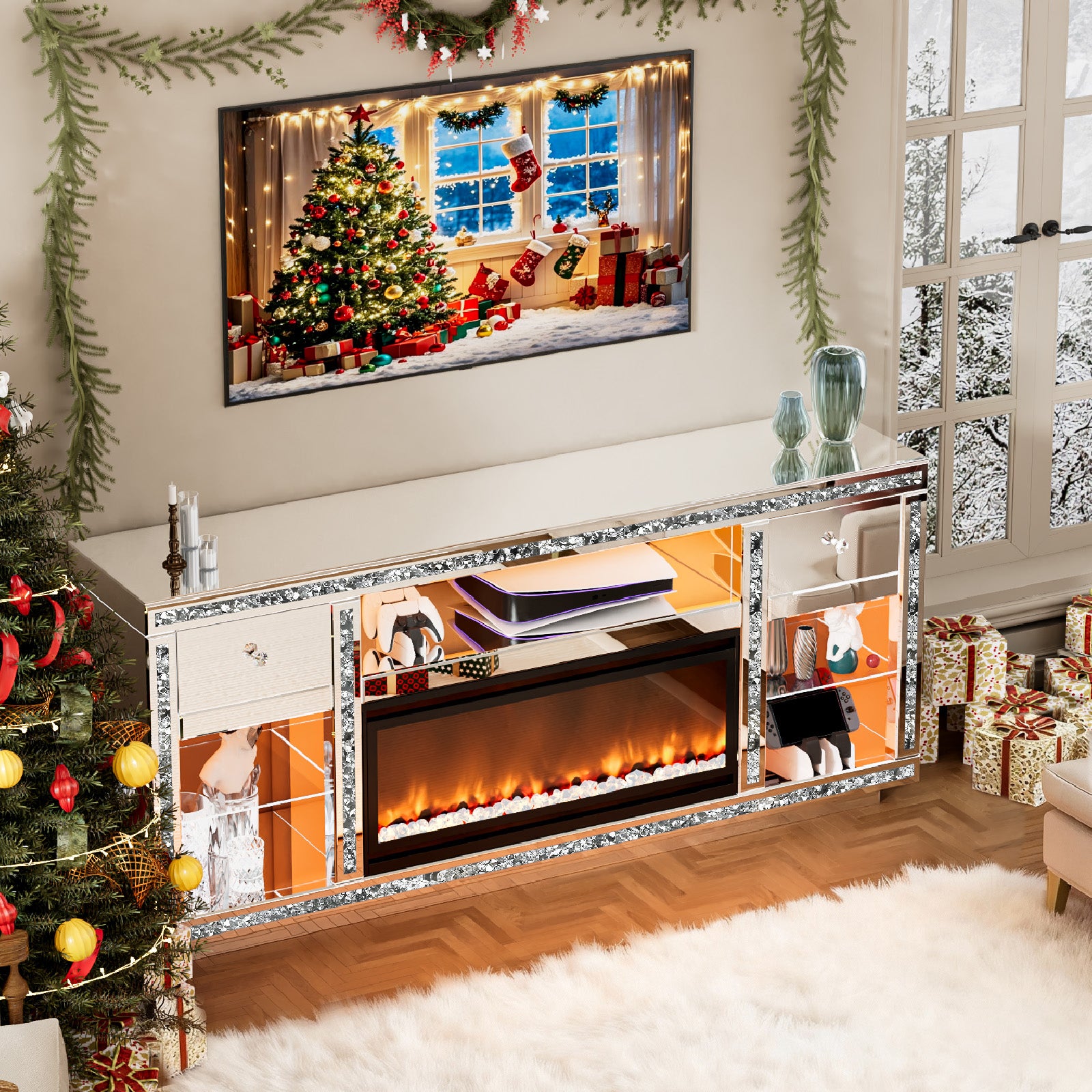 Advwin Mirrored TV Stand with Simulated Fireplace