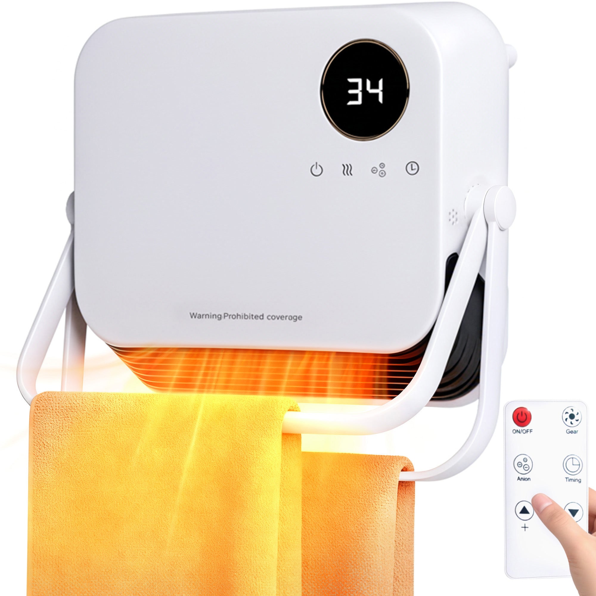 Portable heater with digital display and remote control on a white background