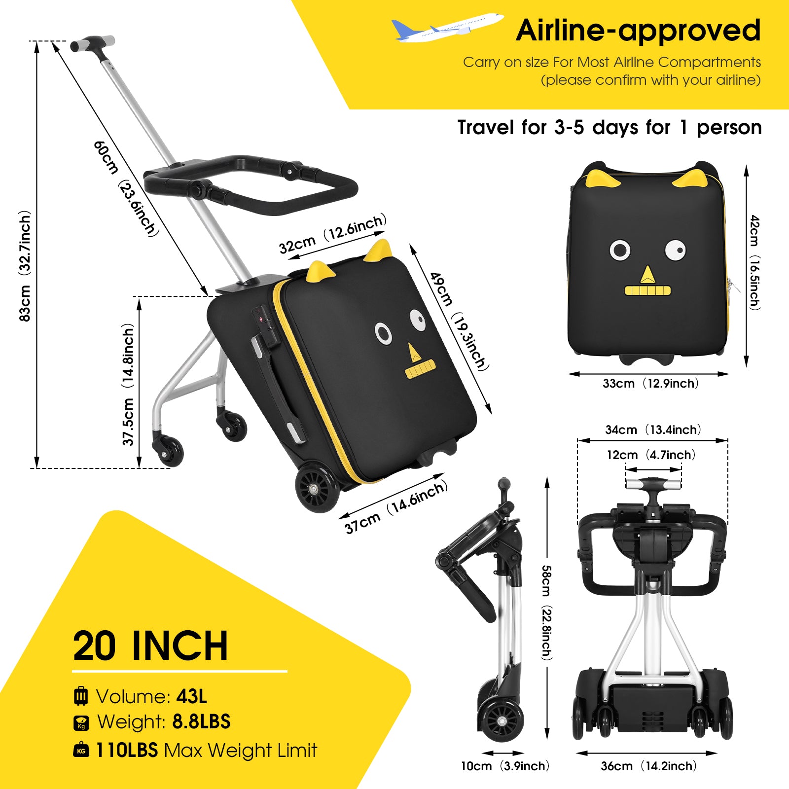 Advwin 20 inch Hardside Luggage with Child Seat