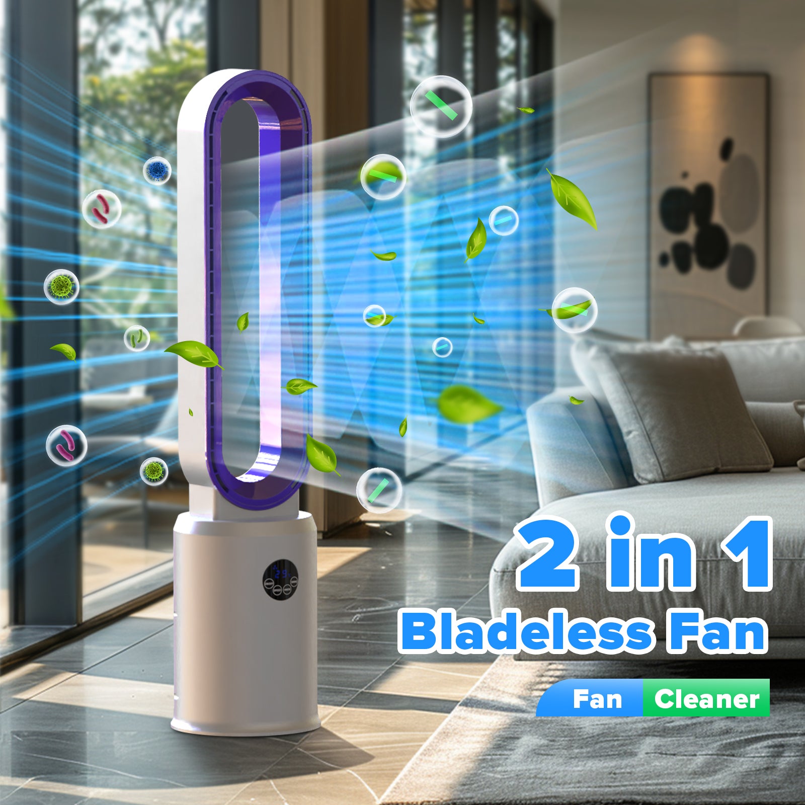 Advwin Bladeless Tower Fan Portable Electric Grey/Purple