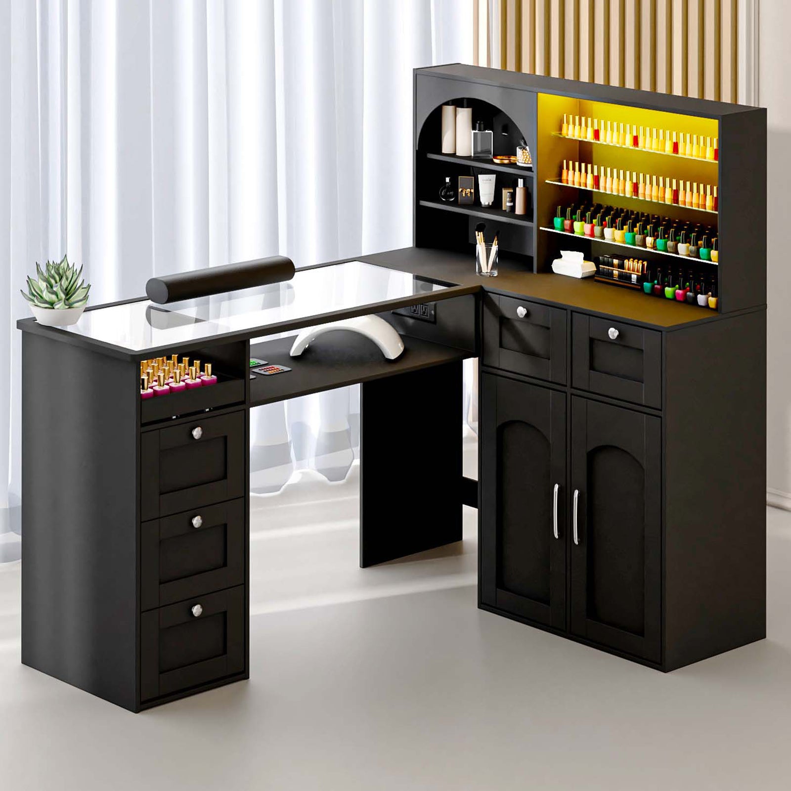 Advwin Nail Table w/LED Display Shelf Glass Table Top