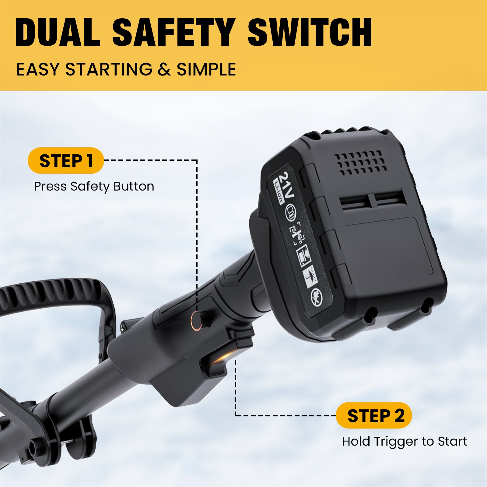 Dual safety switch for a power tool with step-by-step instructions on a blue background