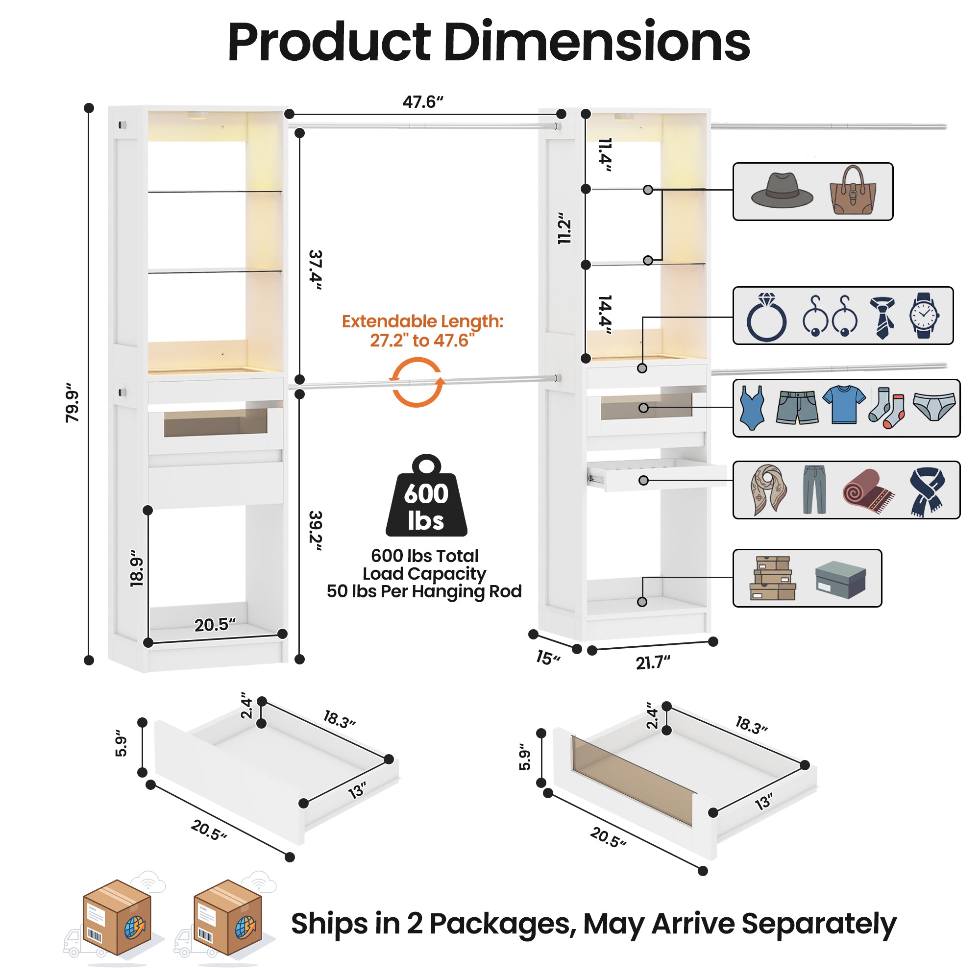 Advwin 6-12 Ft Closet System with LED Lighting