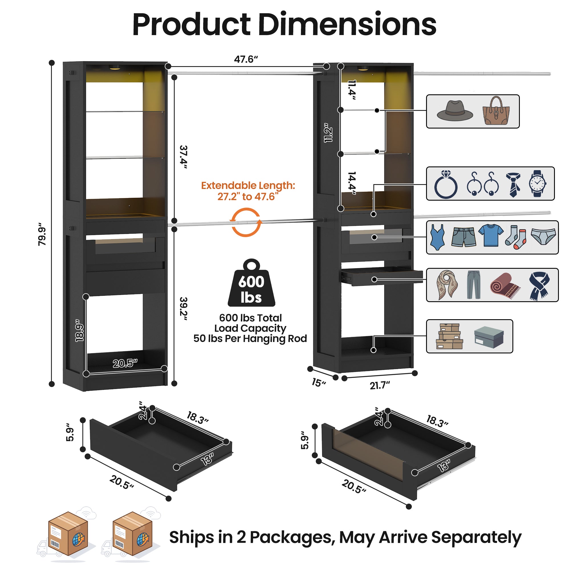 Advwin 6-12 Ft Closet System with LED Lighting