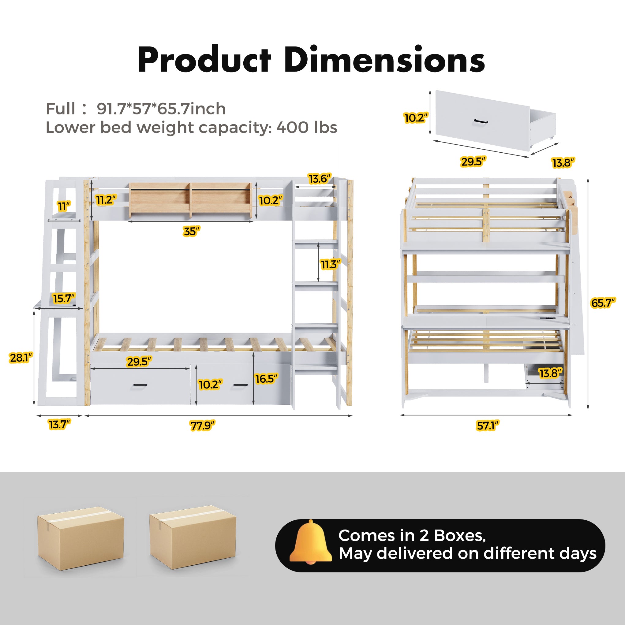 Advwin Solid Wood Bunk Bed with Desk & LED Lights
