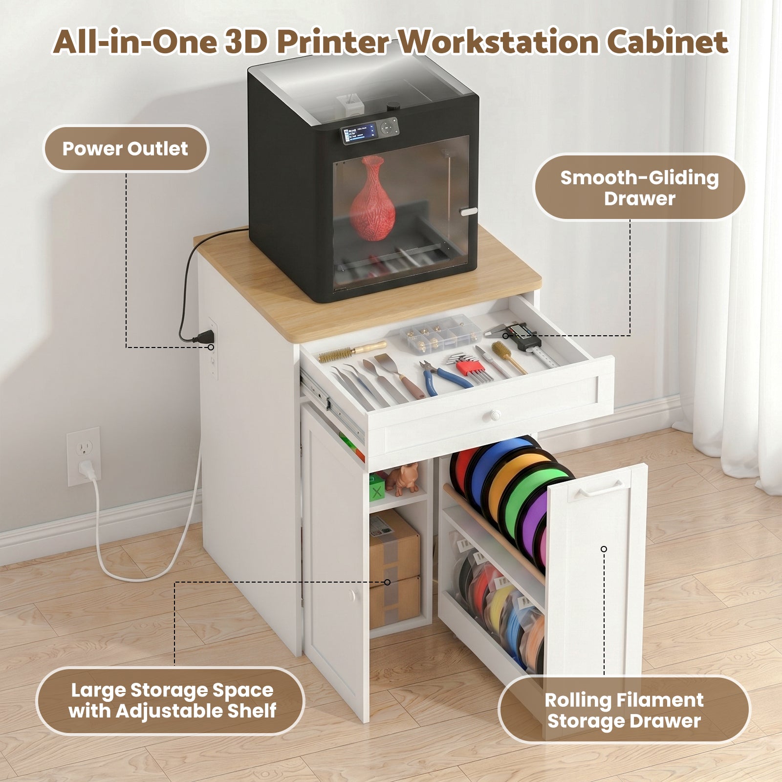 Advwin 3D Printer Cabinet w/ Built-in Power Outlet