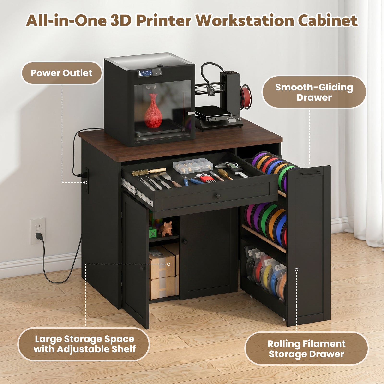 Advwin 3D Printer Cabinet w/ Rolling Filament Storage Drawer