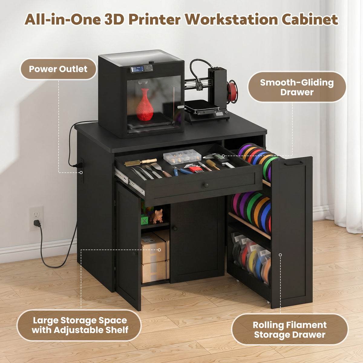 Advwin 3D Printer Cabinet w/ Rolling Filament Storage Drawer