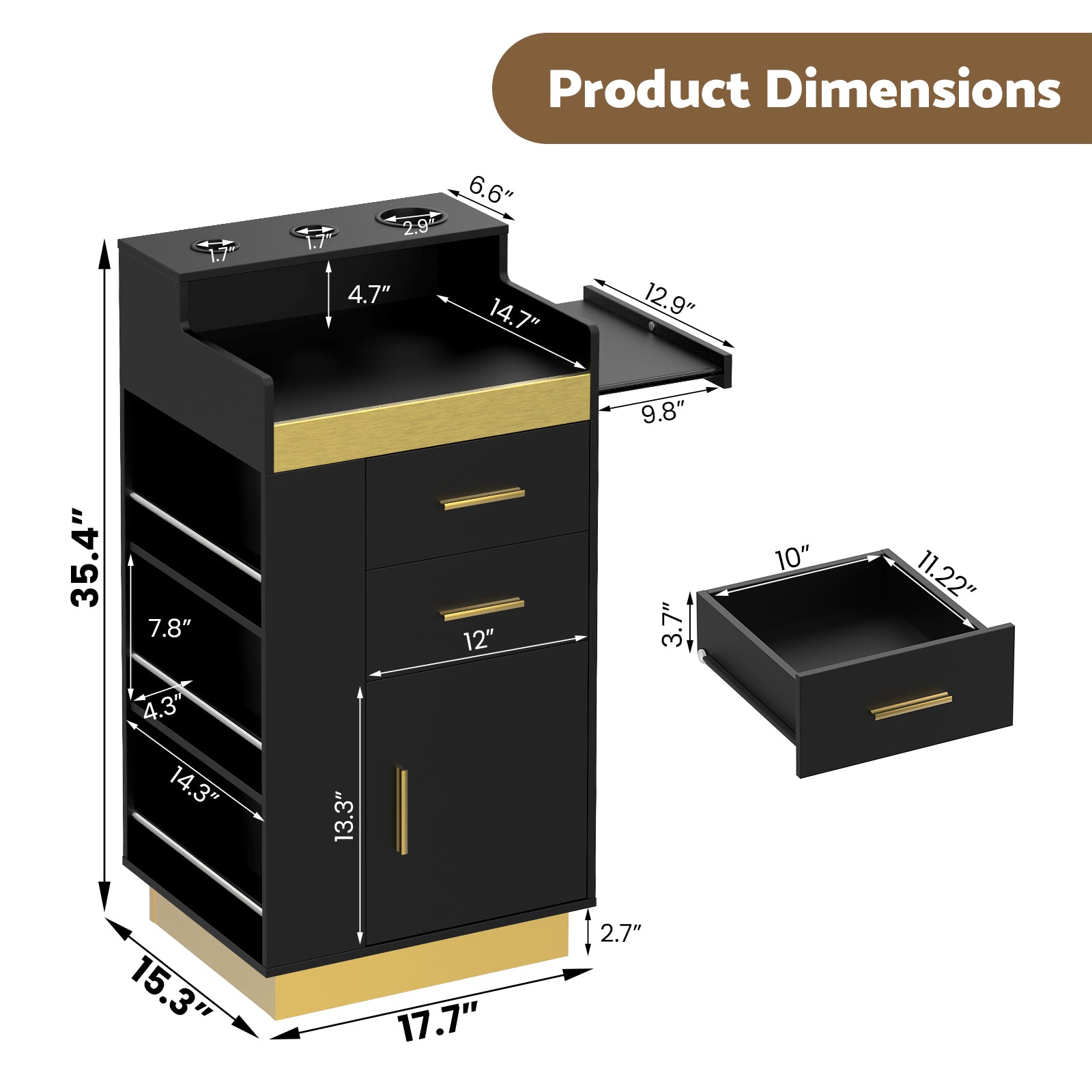 Black and gold vanity with dimensions labeled on a white background