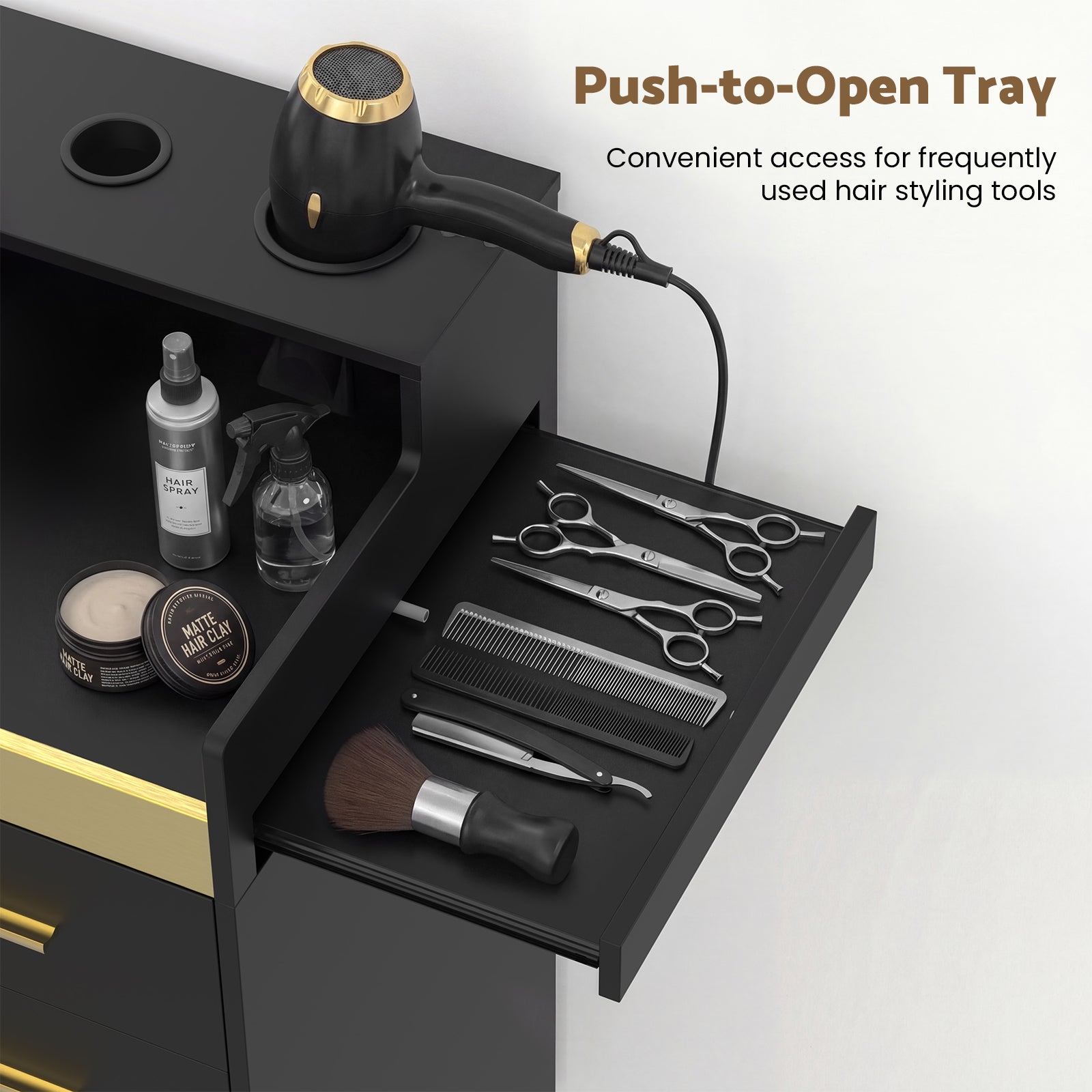 Black hair styling station with open drawer displaying tools and a hair dryer.