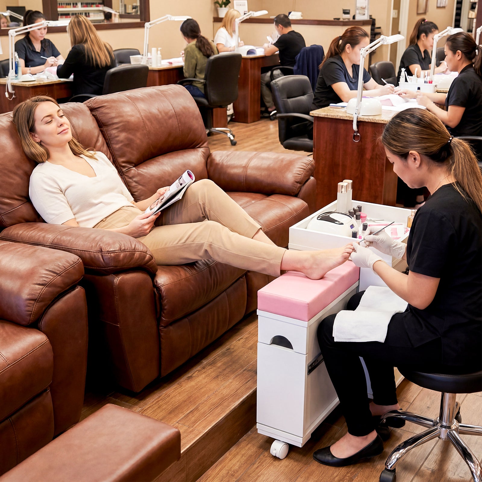 Woman getting a manicure in a nail salon with another woman reading a magazine on a brown leather couch.