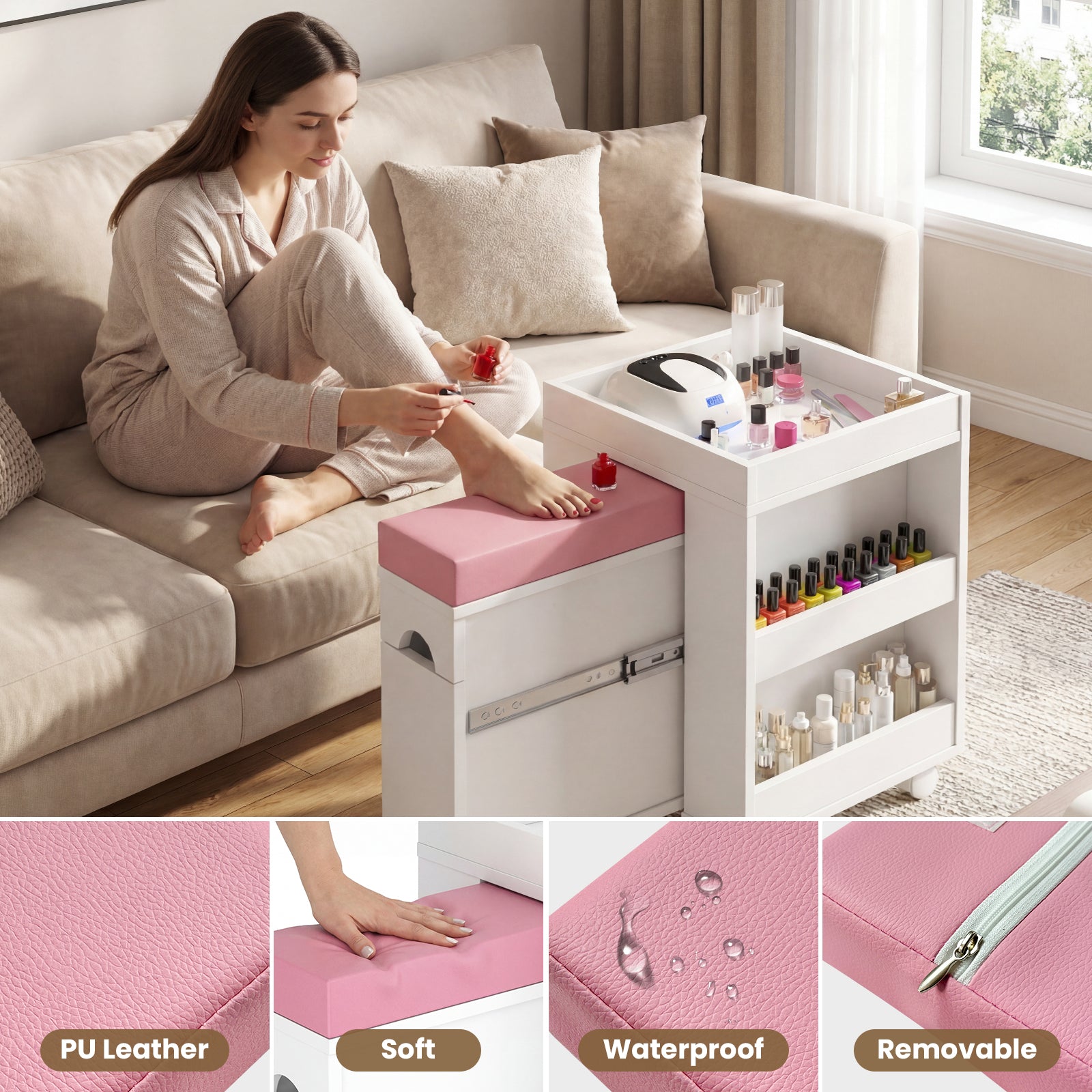 Woman getting a pedicure in a home setting with a nail care station.