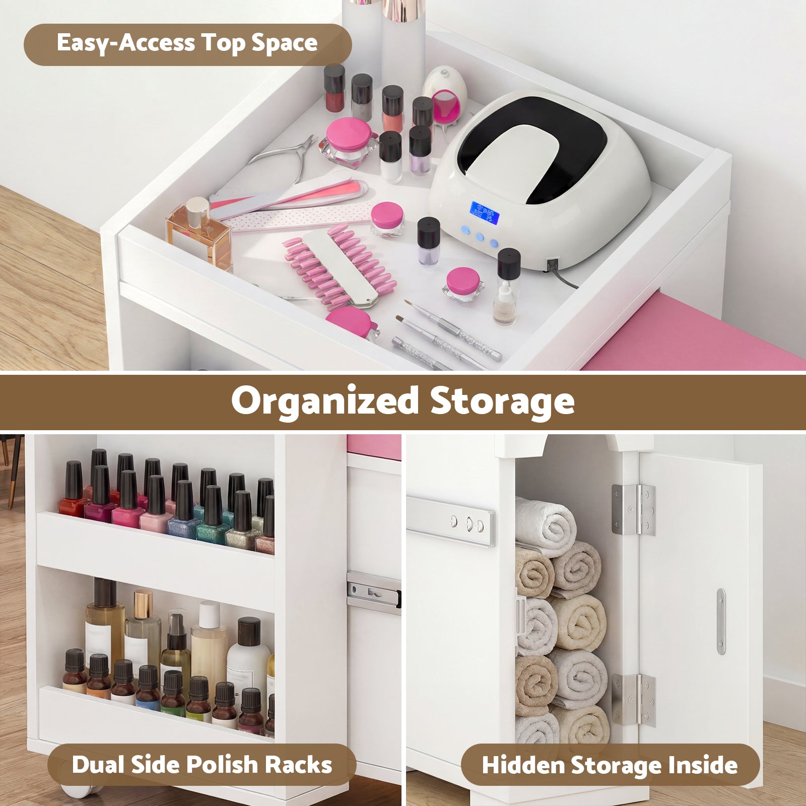 Bathroom storage cart with various items and text highlighting features.