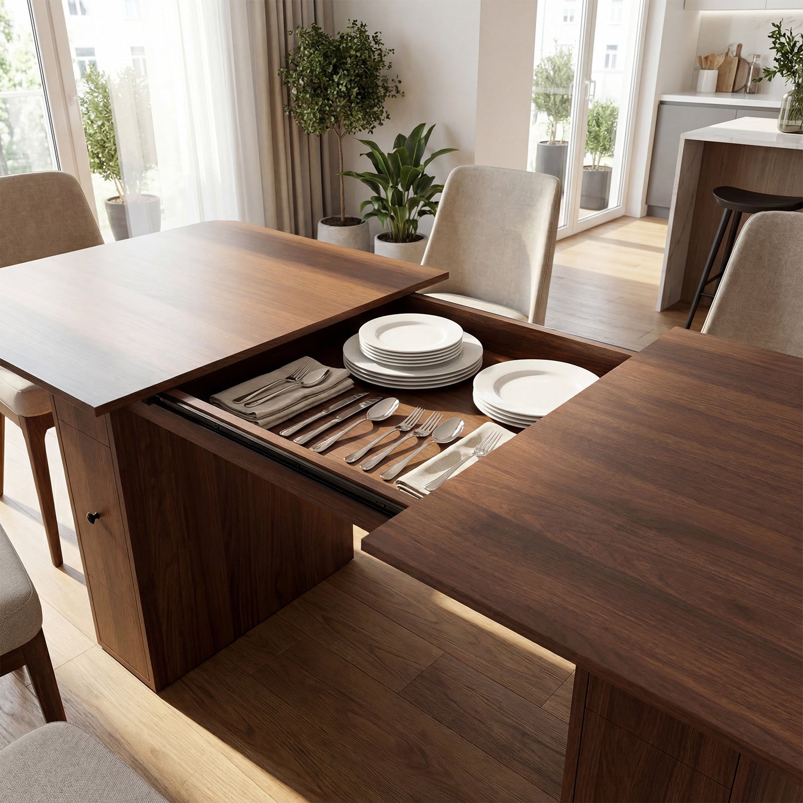 Wooden dining table with extended drawer revealing cutlery and plates in a bright room.