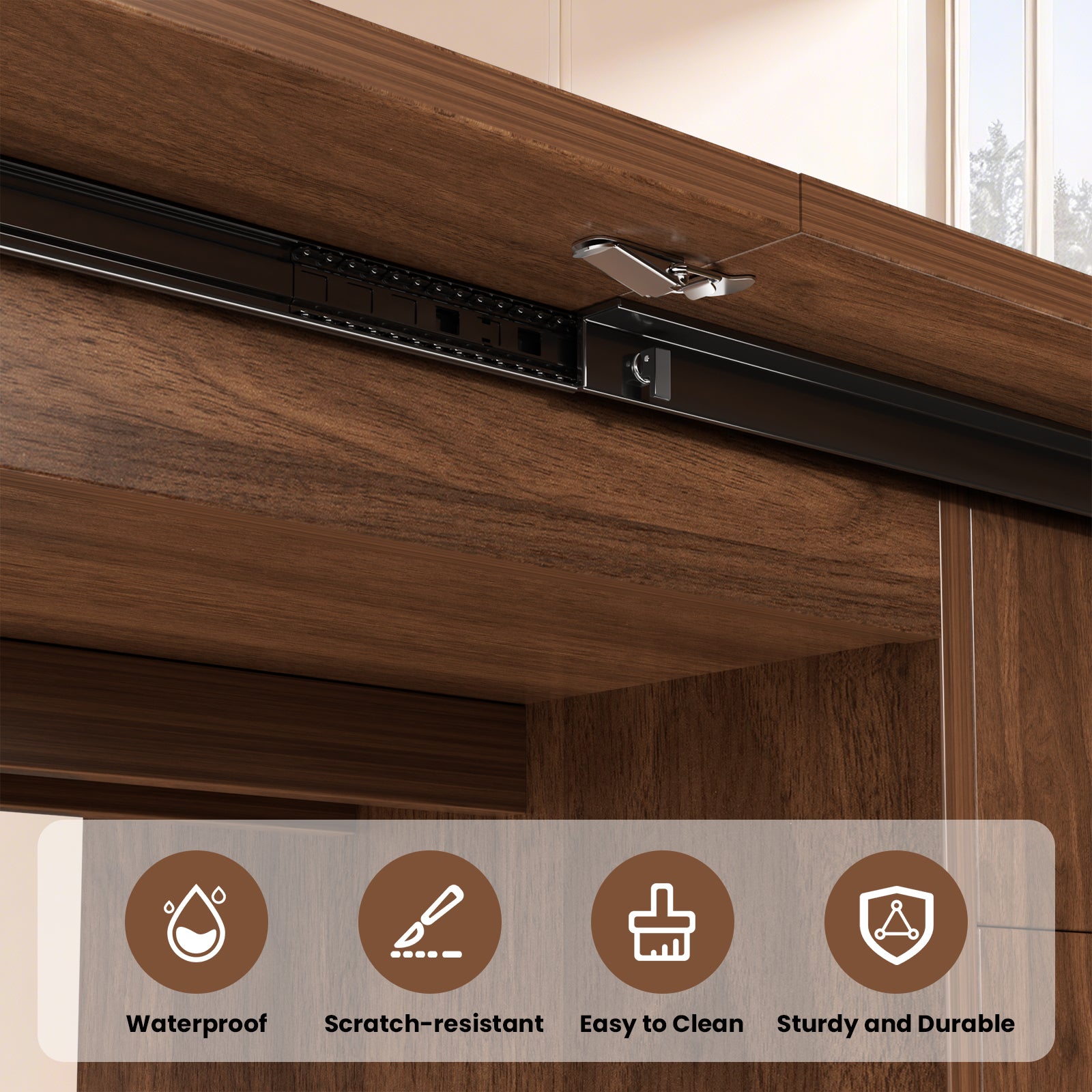 Wooden cabinet with a hinge, featuring durability and maintenance icons.