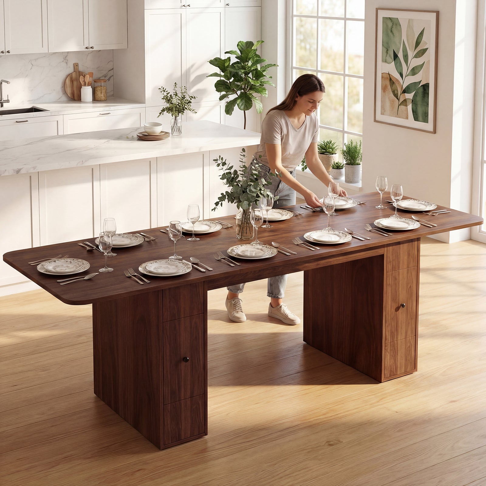 Woman arranging plates on a wooden dining table in a bright kitchen.