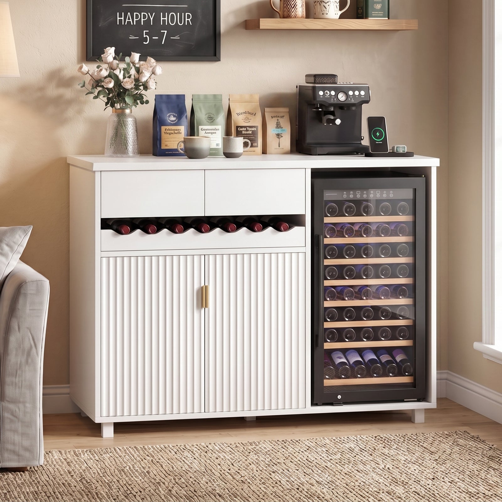Advwin 54" Modern Coffee Bar Cabinet with Fridge Space
