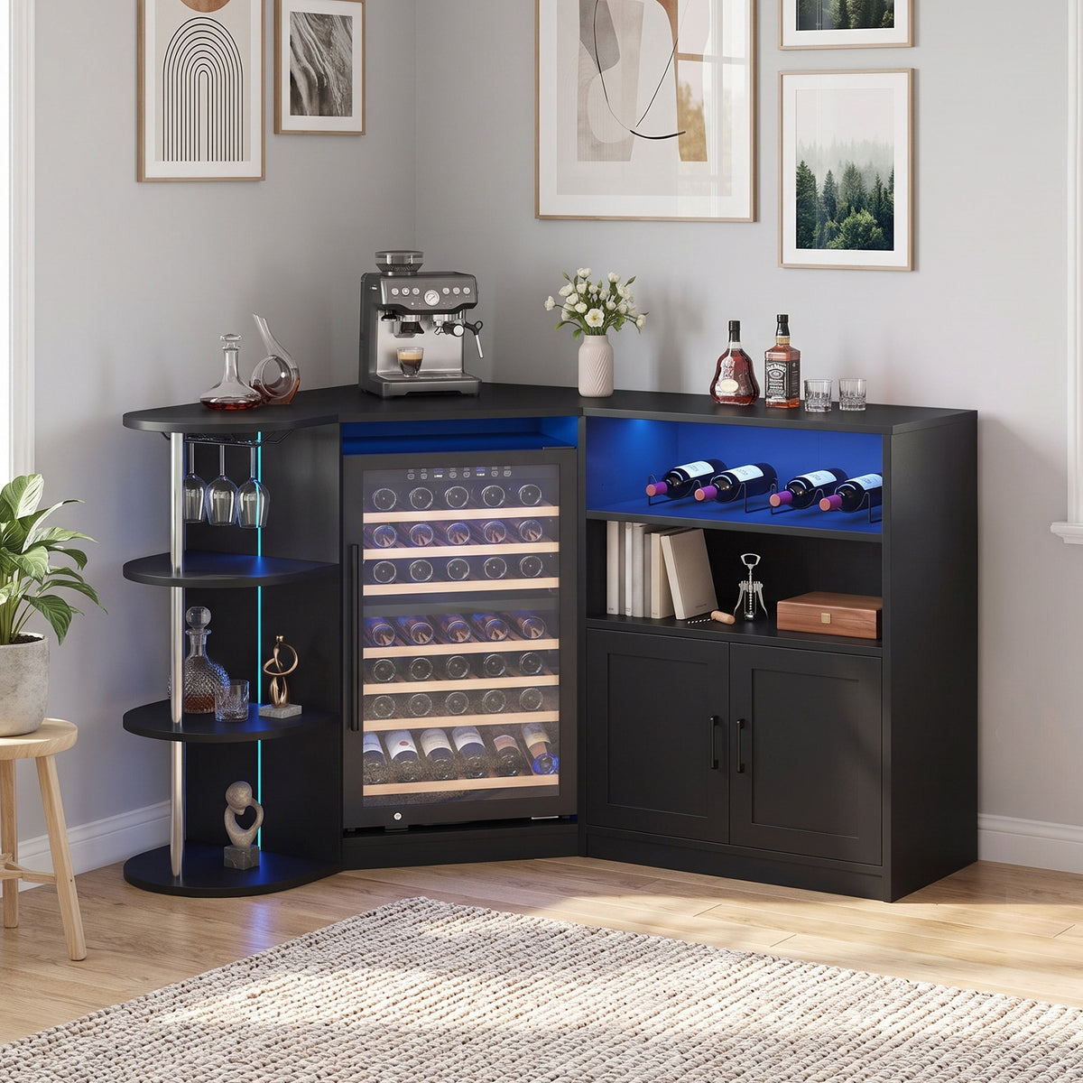 Advwin Corner Coffee Bar Cabinet w/ Fridge Space