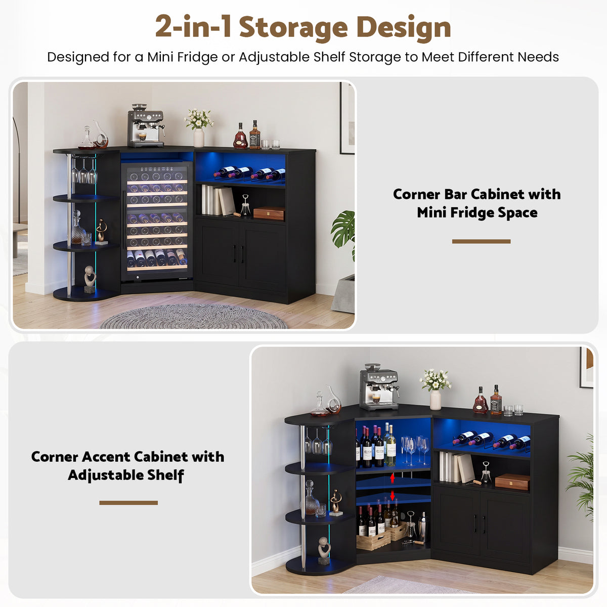 Advwin Corner Coffee Bar Cabinet w/ Fridge Space