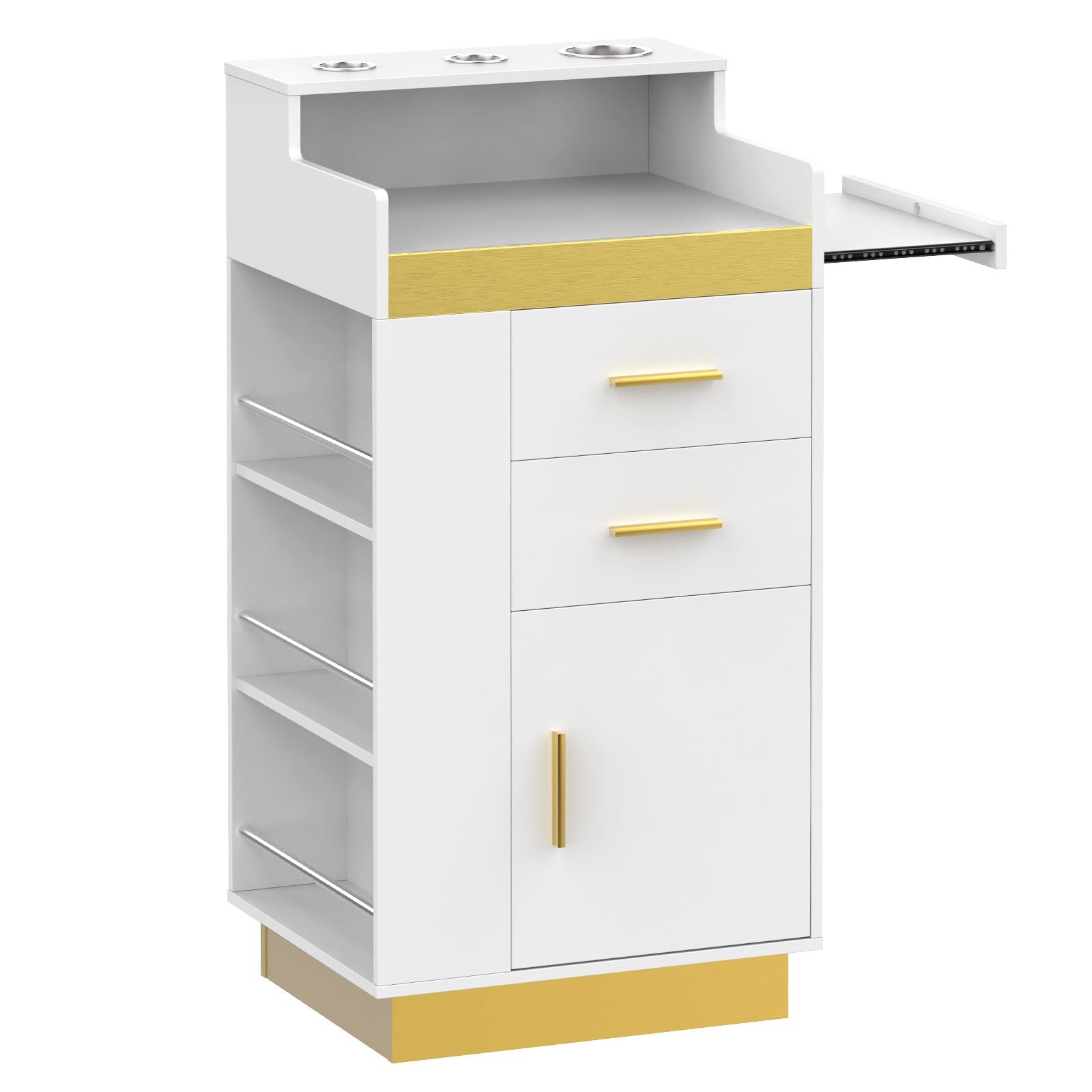 White and gold cabinet with open door on a white background