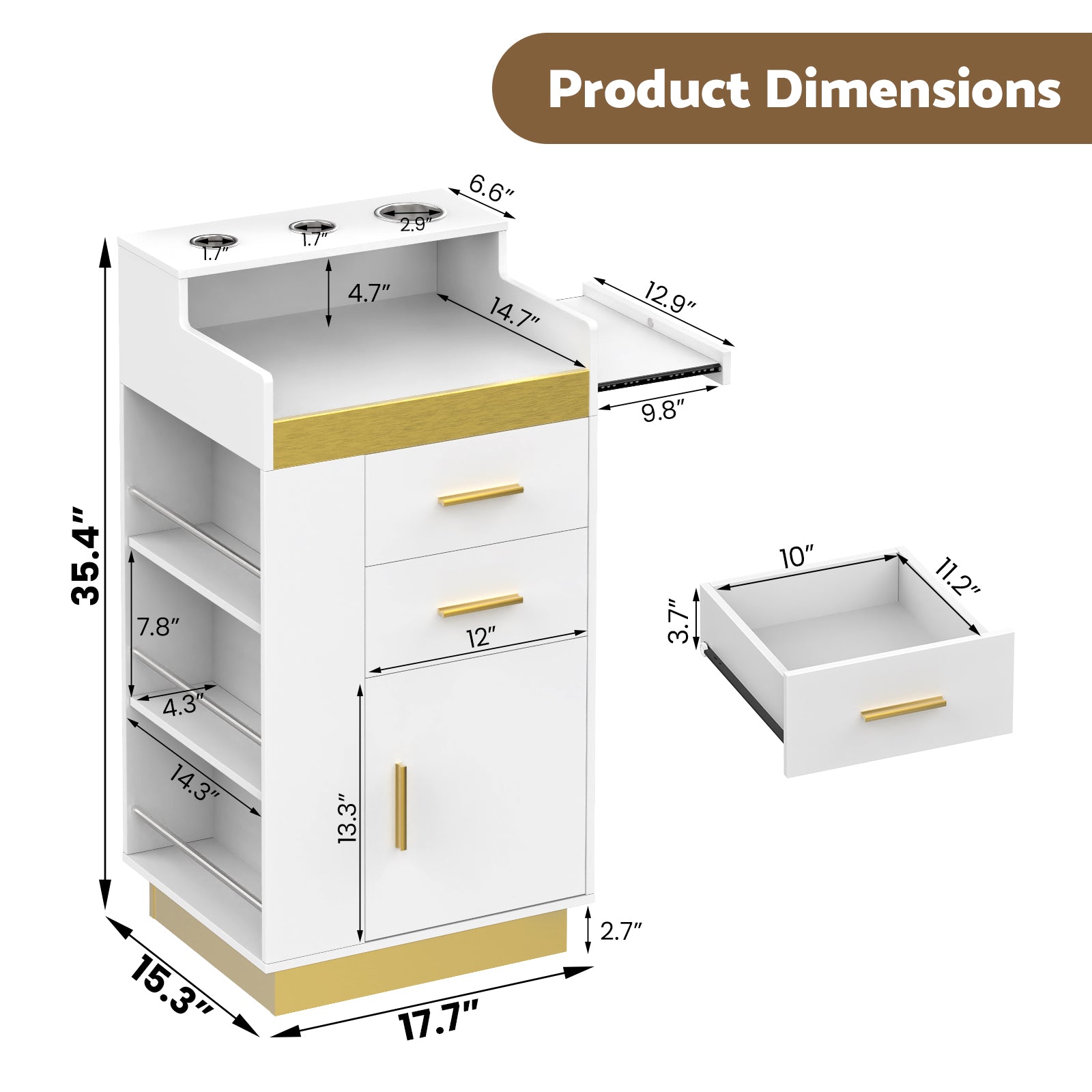 White and gold cabinet with dimensions labeled on a white background