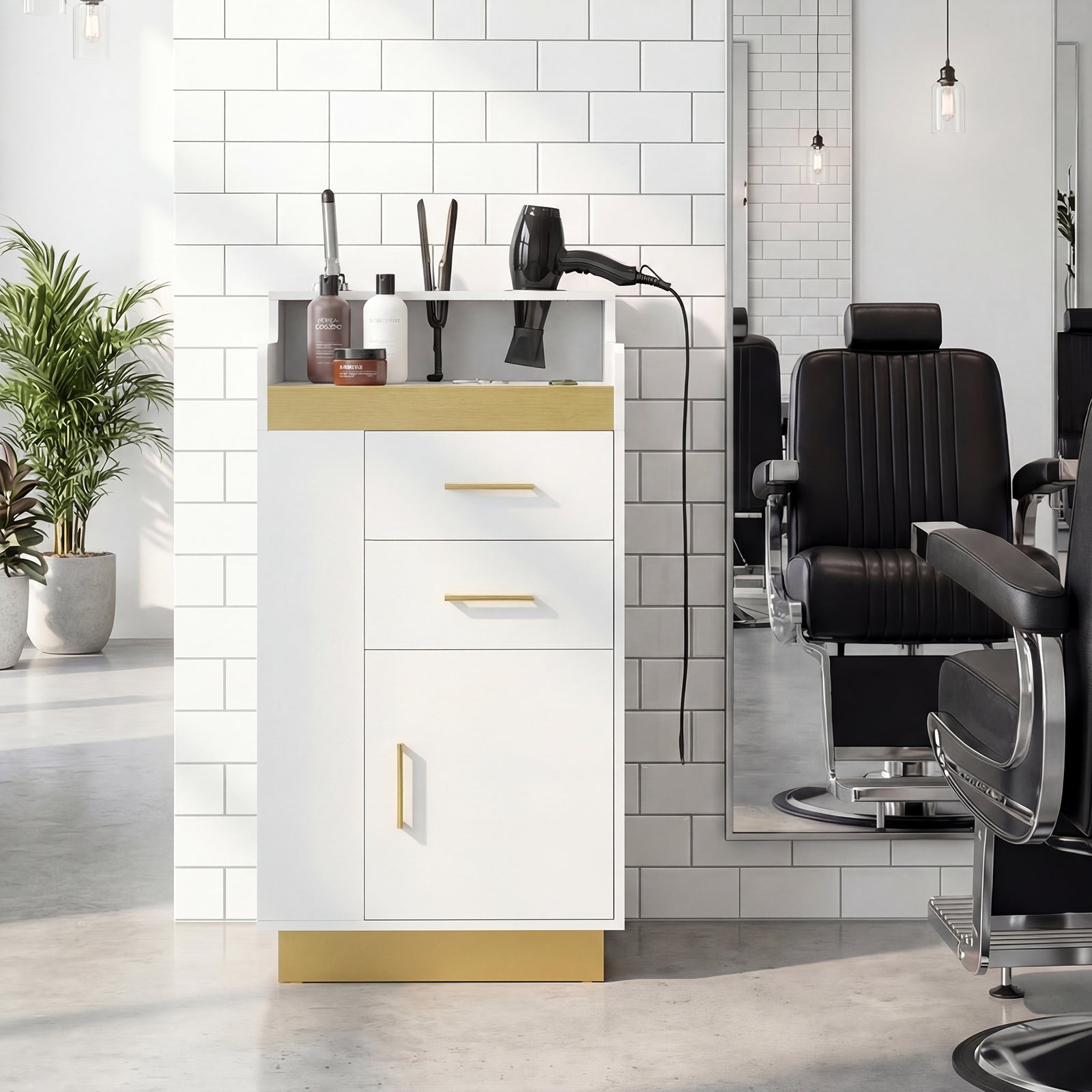 Salon interior with a white and gold cabinet, black chairs, and a tiled wall.