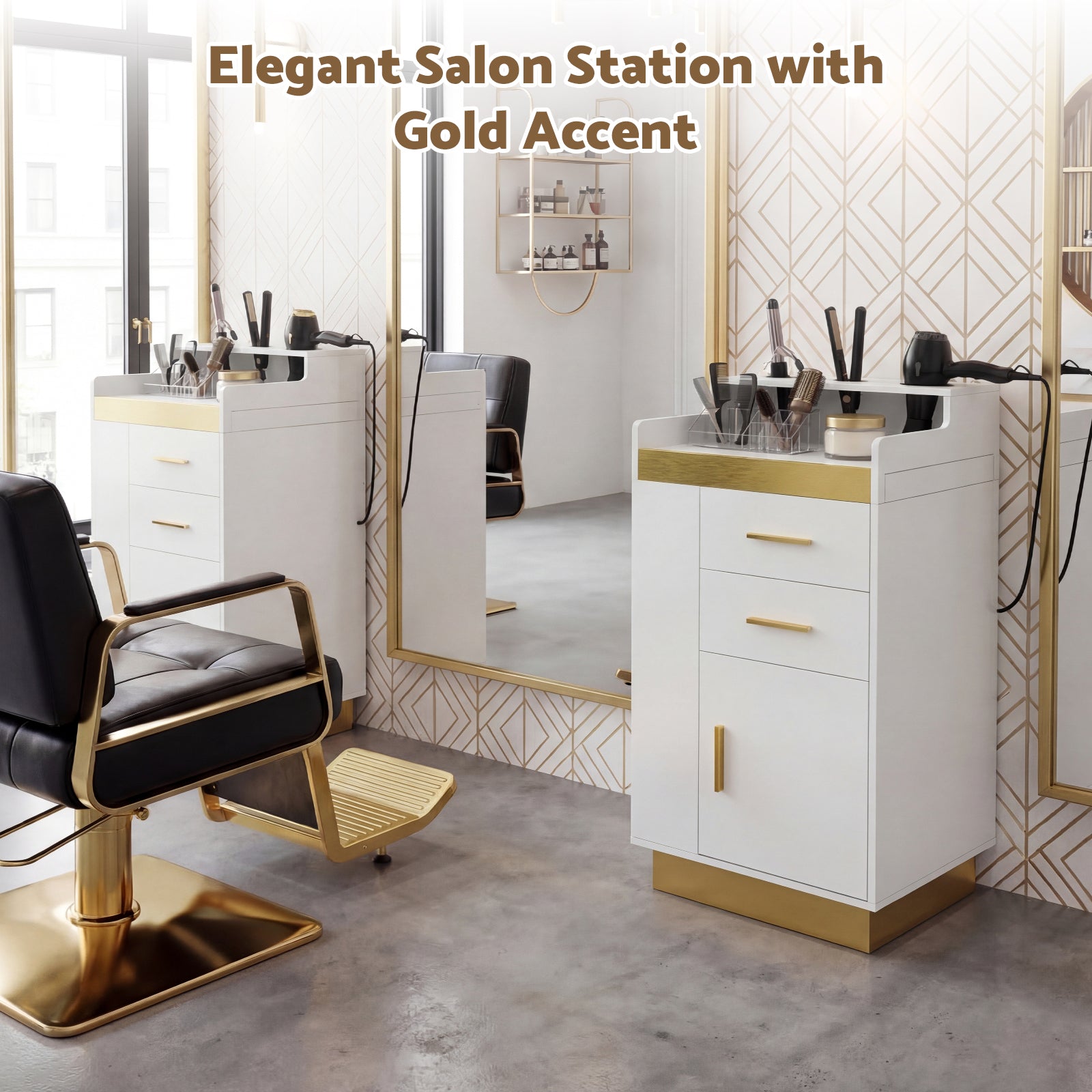 Salon station with black chair and white counter with gold accents, featuring a large mirror.