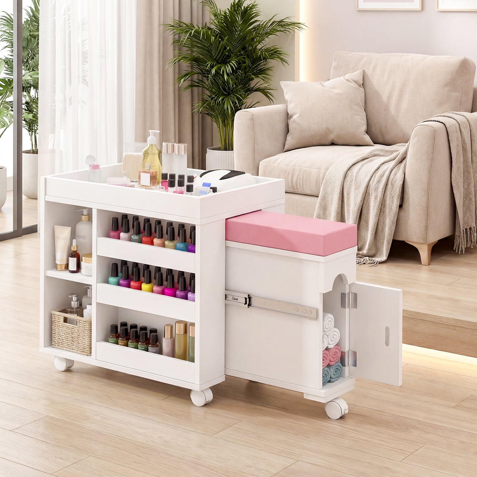 White rolling cart with nail polish and tools in a living room setting