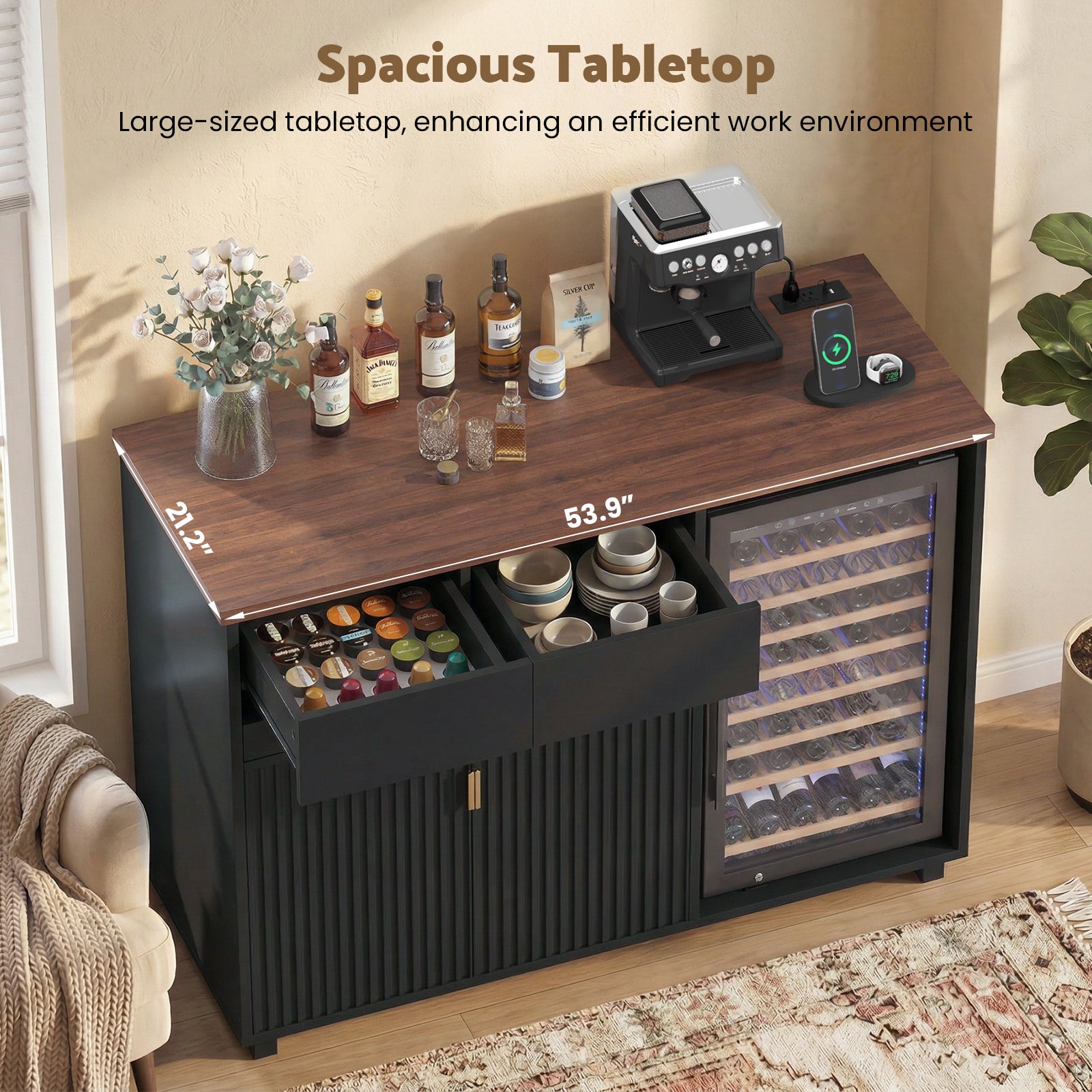 Advwin 54" Modern Coffee Bar Cabinet with Fridge Space