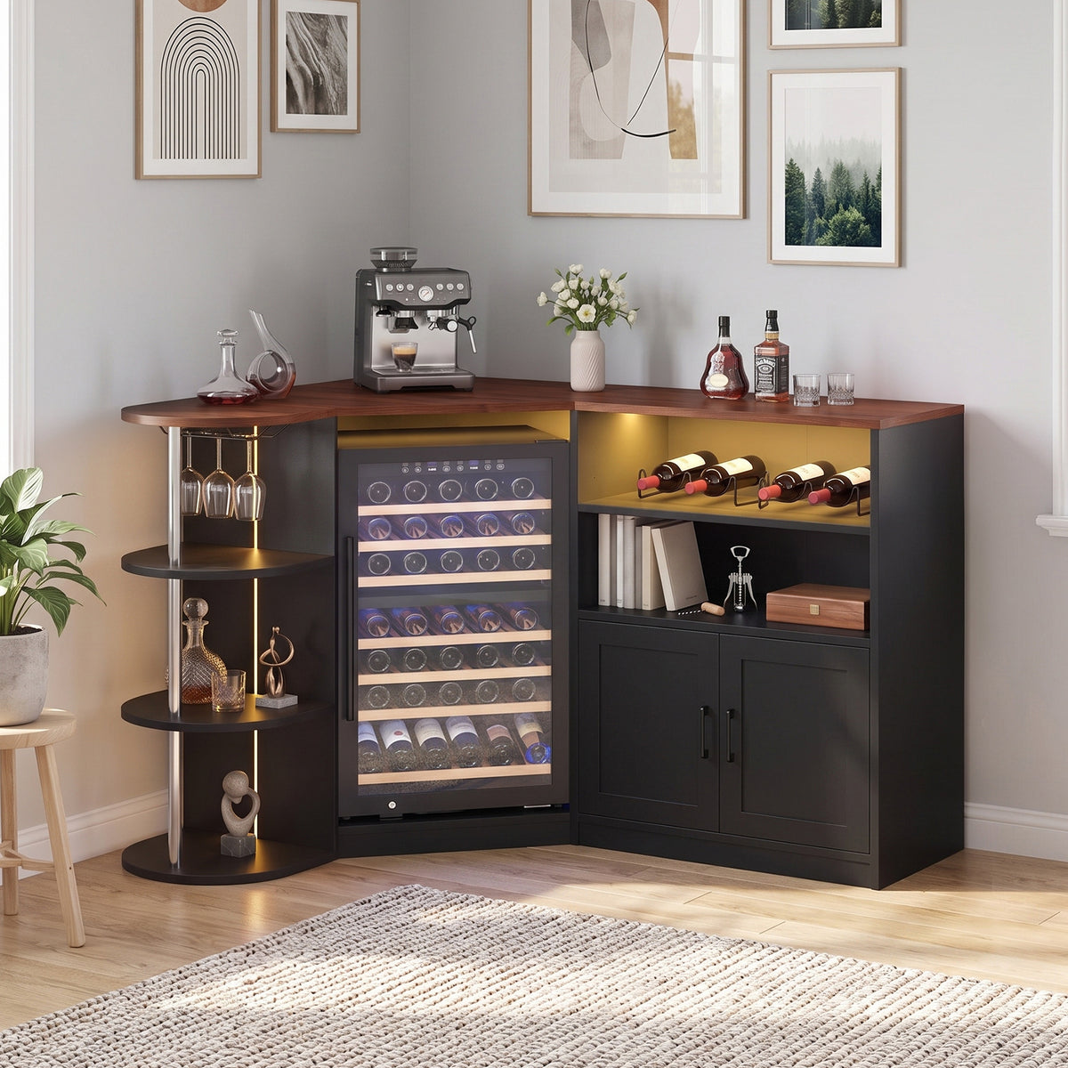 Advwin Corner Coffee Bar Cabinet w/ Fridge Space