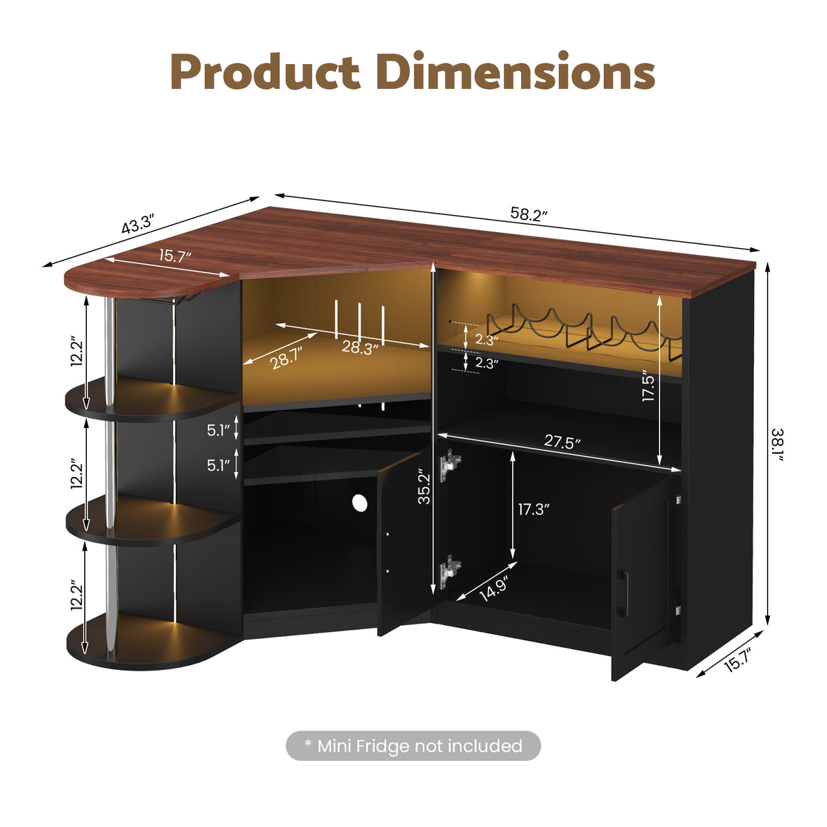 Advwin Corner Coffee Bar Cabinet w/ Fridge Space